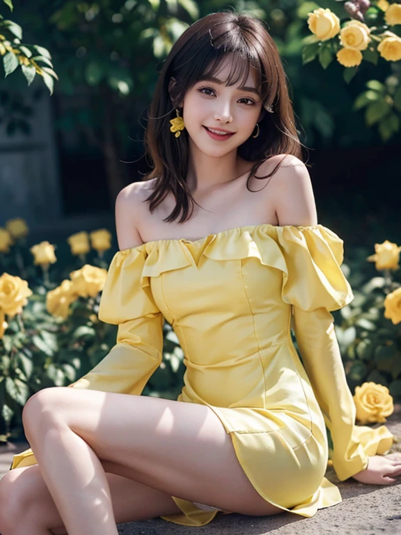 (she was wearing a long yellow party dress、yellow roses were blooming..。 ,Off-shoulder_Dress,:1.3),(side slits:1.1)masutepiece, Best Quality, Illustration, Ultra-detailed, finely detail, hight resolution, 8K Wallpaper, Perfect dynamic composition, Beautiful detailed eyes, Women's Fashion Summer,messy long hair, Wavy Bob, swept bangs,Small breasts natural color lip, Bold sexy poses,Smile,Harajuku、20 years girl、Cute、Sexy shot looking at camera, Big breasts about to burst :1.2、Boyleg、(Underwear shot while sitting with legs spread:1.2)、show foot