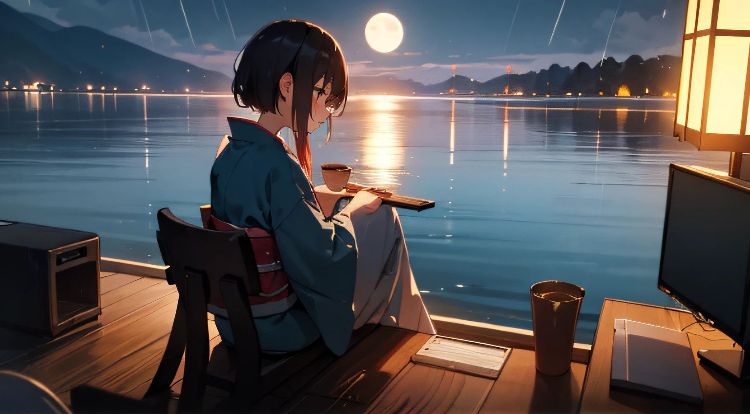 home, study, night, rain, girl long chestnut hair, sleeing, desk, computer, warm, chill, relax, high res, ultrasharp, 8k, masterpiece, kimono girl sit, black short hair, lake, moon, reflection
