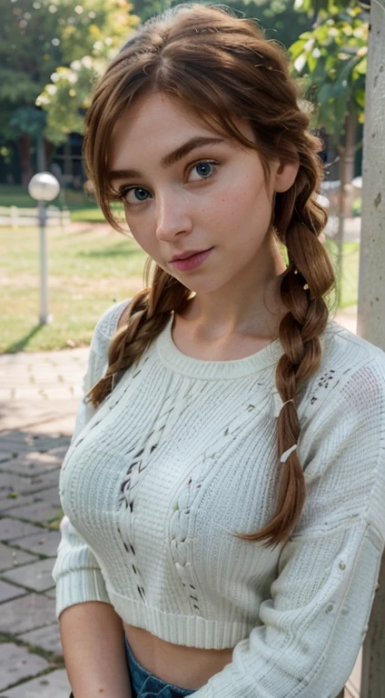 (Best quality, 8k, 32k, Masterpiece, UHD:1.2), Canon F1 lens.4, Photorealistic, dynamic pose, Cinematic, 8K resolution, human hands, elegant, approaching perfection, Depth of field, Film grain, Highly detailed, Stunningly beautiful, detailed hairstyle, natural lighting, include pores on skin, detailed eyes, Clear detailed eyes, One girl, cute hot Anna from frozen, pigtails hair, large green eyes, medium breasts, wearing a white sweater, (sfw), (non-nude), outside
