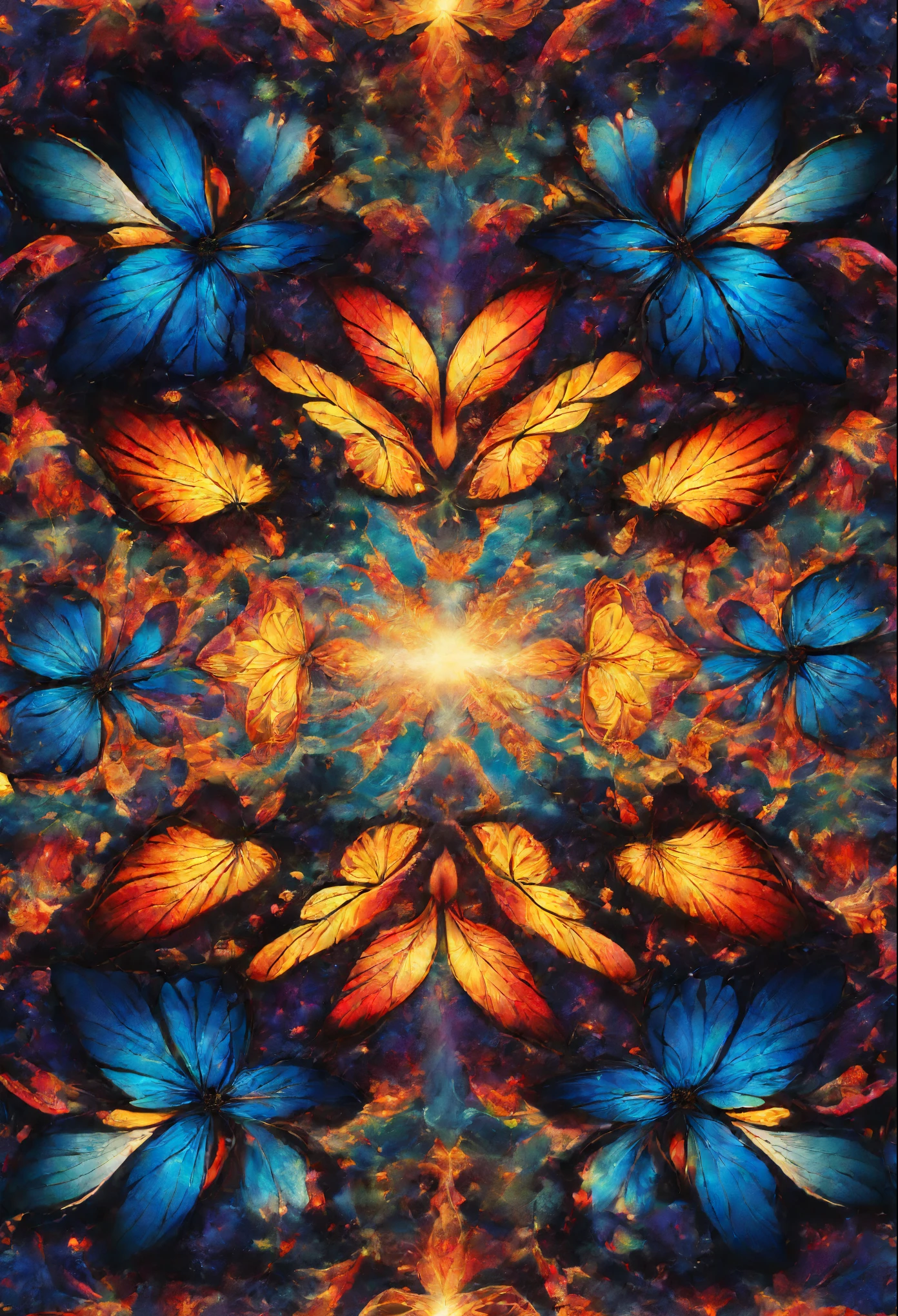 (Best Quality,hight resolution,Ultra-detailed),butterflys, butterfly kaleidoscope, Lots of glowing butterflies, butterfly in the middle,Vibrant colors,Abstract Art,Variety of textures,Playful composition,brightened light,Energy flow,harmonious design,transformation pattern,interconnected lines,surreal atmosphere,Elements inspired by nature,symmetry,fluid motion,Sparkling effect,Mystical depths,Seductive optical illusion,Visual poetry