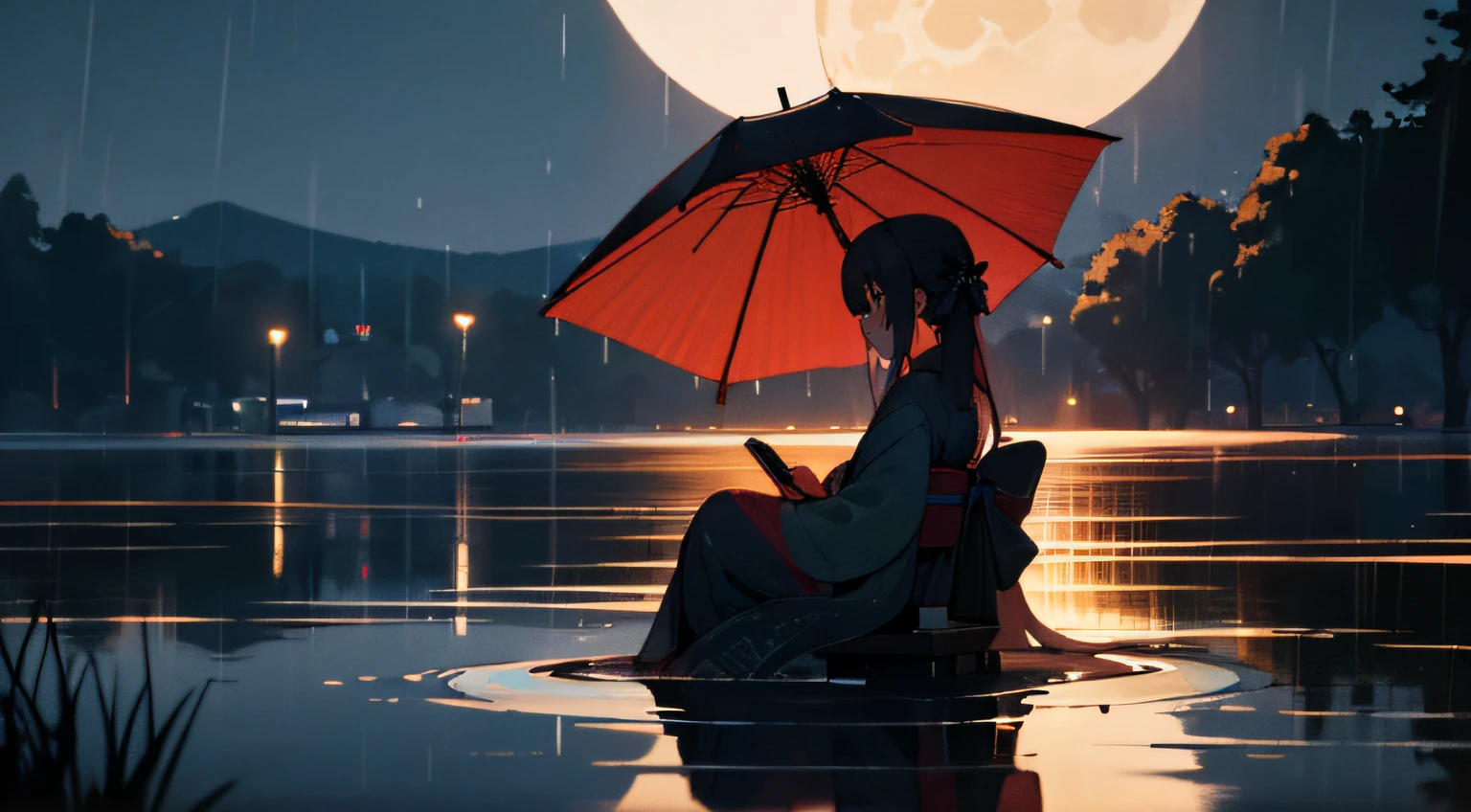 home, study, night, rain, girl long chestnut hair, sleeing, desk, computer, warm, chill, relax, high res, ultrasharp, 8k, masterpiece, kimono girl sit, black short hair, lake, moon, reflection