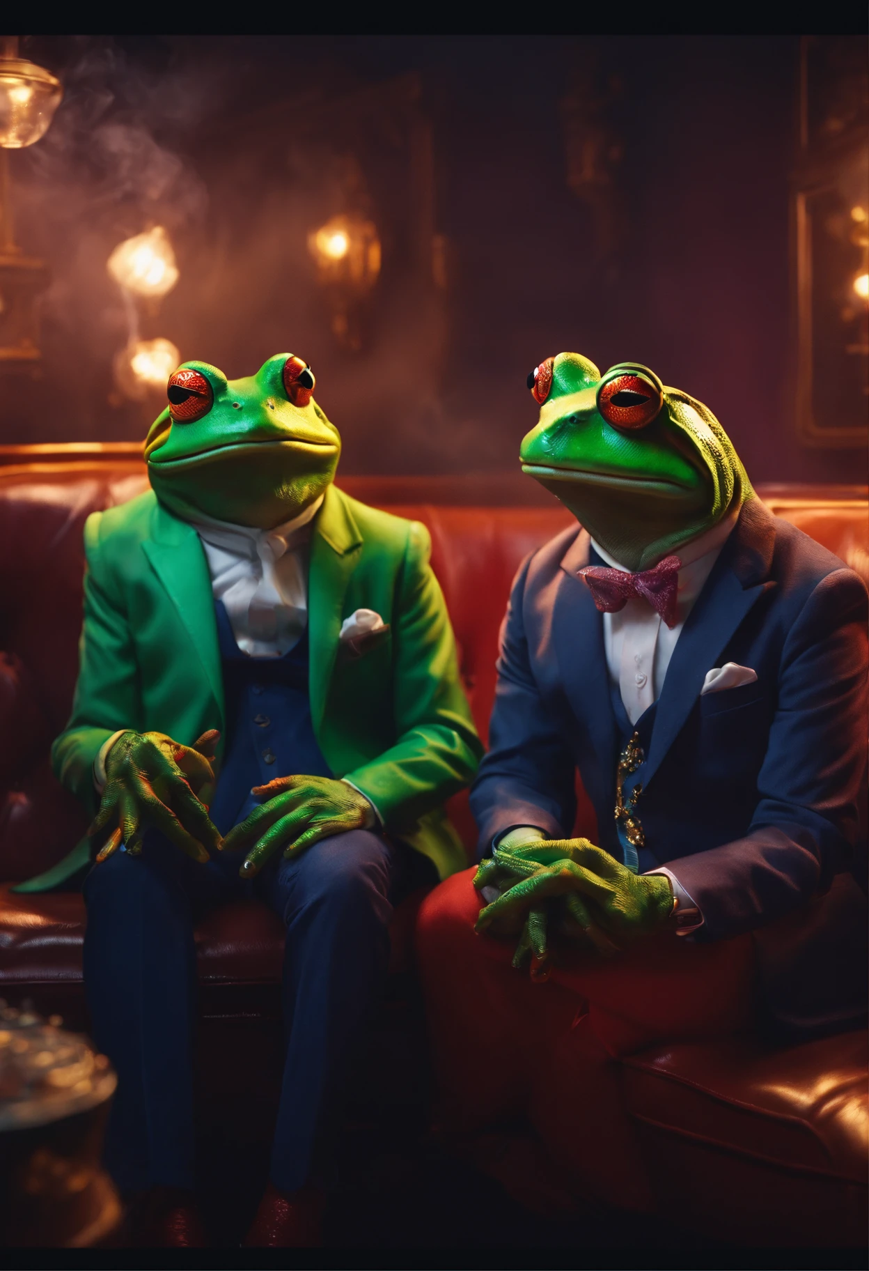 2 frogs wearing colorful suits, sitting on a coach, smoking cigarettes, smoke filling the room, they look high , neon lights, high quality, high detail , 8k
