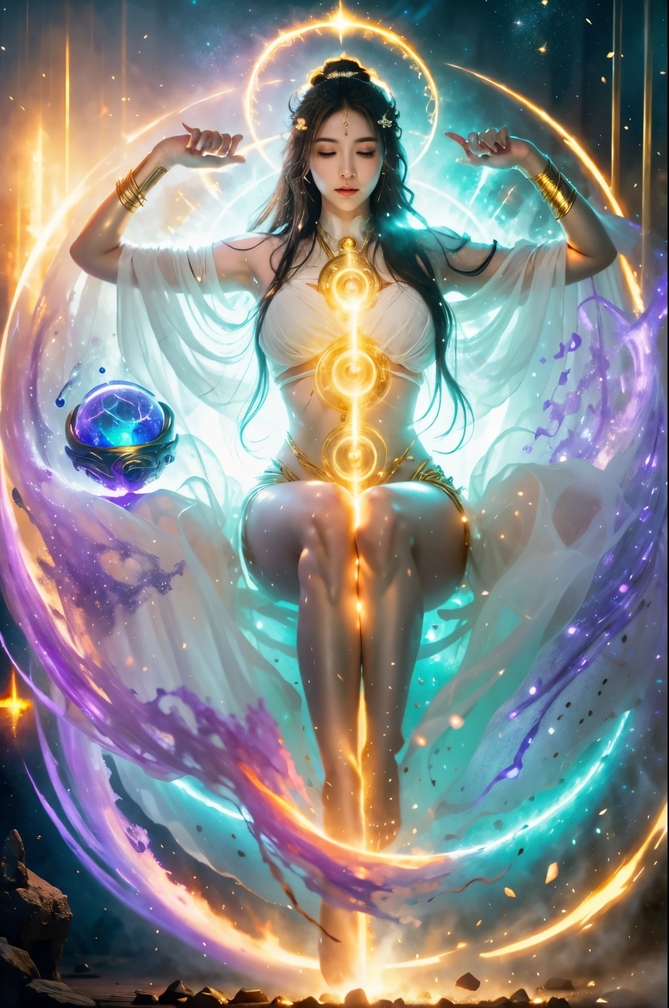 Immortal goddess, super beautiful, 8k, super big breasts, meditating, light white cloth covering part of her body, sitting cross-legged, golden glowing magic circle rotating behind her, magical aura surrounding her parts, magical, fantasy, milky way background, (4  elements, fire, water, wind, earth, surround it),