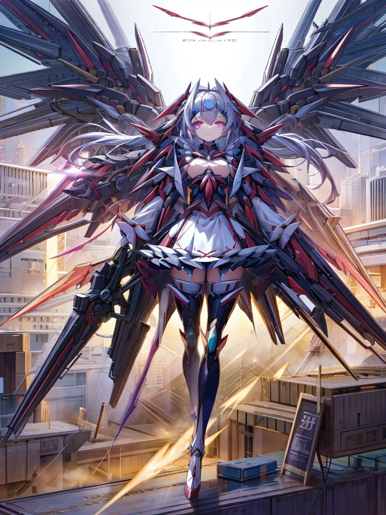 top-quality、ighly detailed、masterpiece、ultra-detailliert、illustratio、((1girl in))、silber hair、length hair、Floating hair、、Cyber City、Neon building、(The upper part of the body:1.05)、extremely_Detailed_Eyes_And_Face,cybernetic wings mechanical wings、Random posture、Skyscraper、、Mechumusume、shrine maiden clothe,maid clothes、Random angles、anime styled,cowboy shot