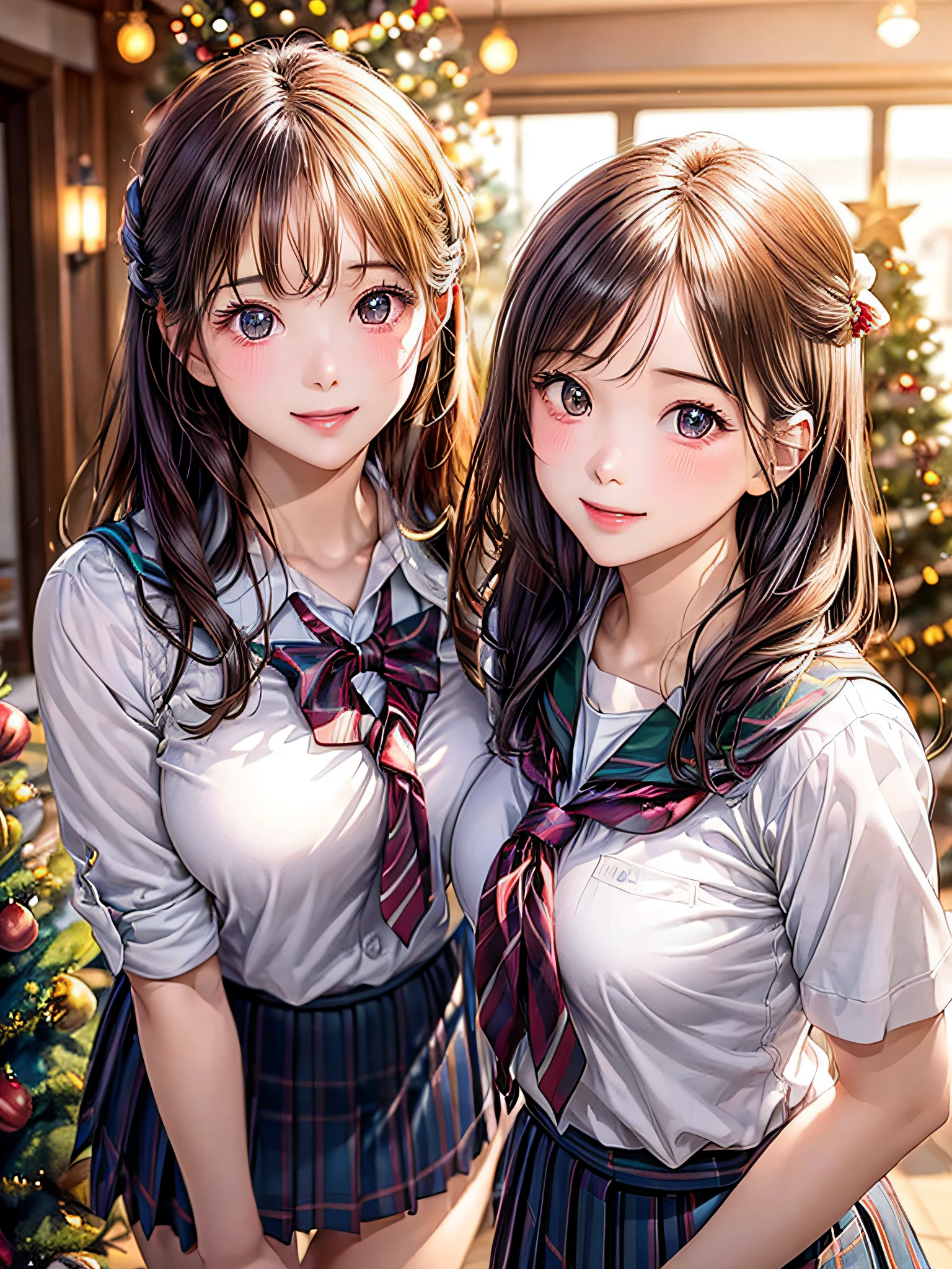 (2girls:1.4), Extremely cute, amazing face and eyes beautiful nice smile), (extremely detailed beautiful face), bright and shiny lips, (School uniform, Pleated skirt:1.3), (Best Quality:1.4), (hyper quality), (Ultra-detailed), (Hyper-realistic, Photorealsitic:1.37), Authentic skin texture, intricate-detail, extremely detailed CG unified 8k wallpaper, RAW Photos, professional photograpy, Cinematic lighting, Exposing, Christmas tree, Christmas Ornaments, Christmas Decorations, Christmas Lights, Christmas Lights,