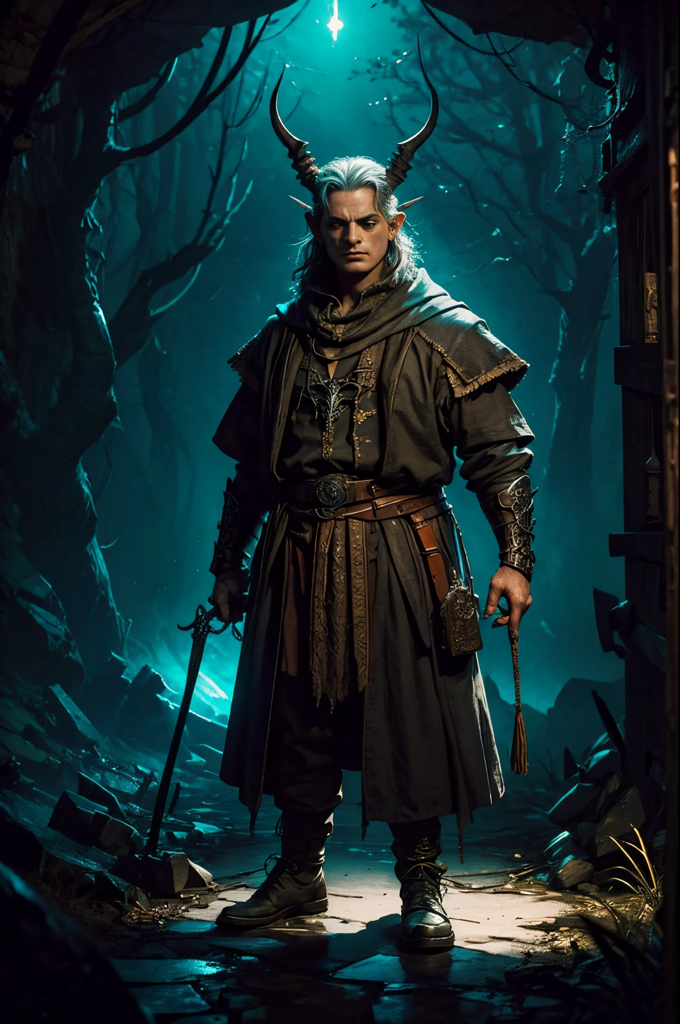 gothic art, lightand shade contrast, Standing Picture, Ramen, holland angle, emphasis lines, tmasterpiece, Acura, Anatomically correct, A high resolution, Best quality at best, super detailing, Award-Awarded,D14bl0 style, lord of the ring,(Frodo Baggins)Hold the glowing bottle,Light illuminates dark cave,There are a lot of spider webs behind me,,Epic war fantasy digital art,(greg rutkovsky:0.8), (Orange and cyan:0.4)