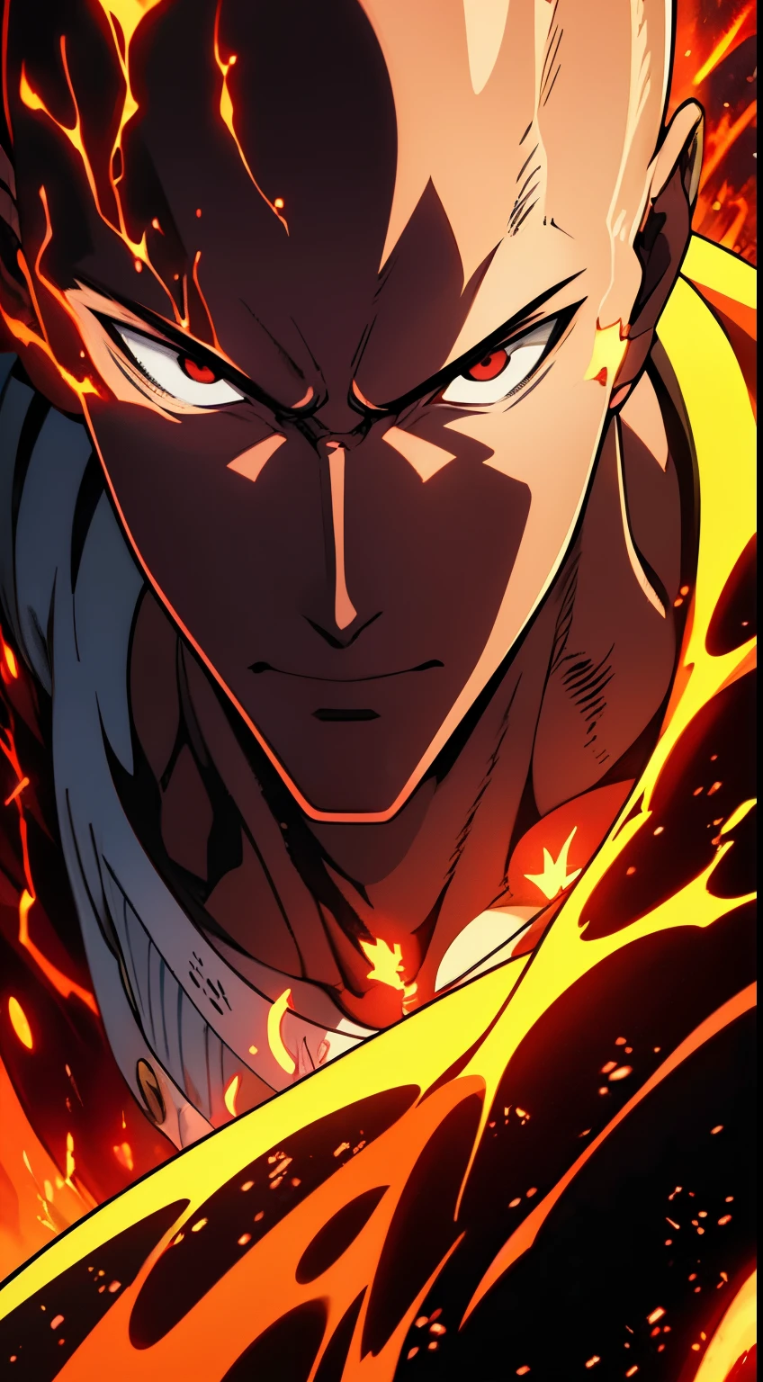 Get ready for a visual feast with Saitama's full-body portrait, his gentle relaxed face, handsome face, and piercing red eyes. wear t-shirt. In his transformed state, he radiates extreme instinct and power, creating an epic film about this energetic man. See how he manipulates fire and lava in stunning anime artwork that will blow your mind. This concept art comes straight from the Bleach Universe, with manga-style 8k wallpapers that will transport you to another dimension. Get ready to be amazed by this detailed work of digital anime art, representing the ultimate combination of style and power.