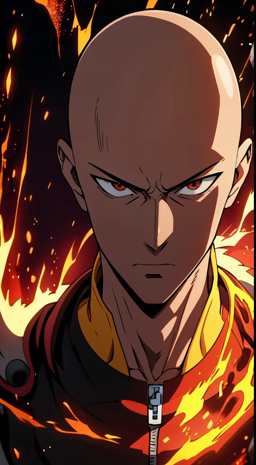 Get ready for a visual feast with Saitama's full-body portrait, his gentle relaxed face, handsome face, and piercing red eyes. wear t-shirt. In his transformed state, he radiates extreme instinct and power, creating an epic film about this energetic man. See how he manipulates fire and lava in stunning anime artwork that will blow your mind. This concept art comes straight from the Bleach Universe, with manga-style 8k wallpapers that will transport you to another dimension. Get ready to be amazed by this detailed work of digital anime art, representing the ultimate combination of style and power.