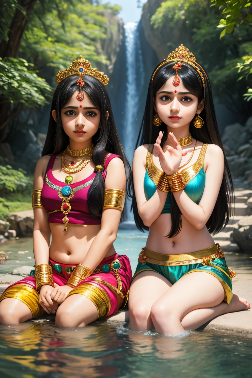 ((realistic:1.5)),((best quality)), ((masterpiece)),((detailed)),2girls,duo,{2 beautiful female}, (upper body:1.3),royal skimpy underwear, hugging and touching each other, teasing her friend's waist, gasping friend, biting her friend's ear lobe, squatting,super-wide-angle lens,face focus,long legs,curvy, barefoot, medium breasts, open cleavage, drooping breasts, thick thighs,wide hips, thin legs, green eyes,long black hair,floting hair,long eyelashes, (detailed face,beautiful eye, detailed pupilss,detailed clothes features, clear background:1.3), (Bindi,Jhumkas:1.3),mysterious ancient ruin, lush forests, deep canyons,bridge,river,cliff,cloud,lakes,rock,waterfalls, flowers, grass,vine,tree,bright details,sharp,perfect composistion, Intricate, Sharp focus, dramatic,