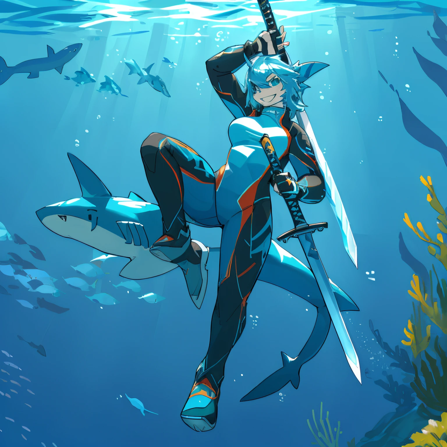 a drawing of a smiling female shark in a dive suit holding a sword, badass pose, swimming flippers, katana, anthro female, shark, aquatic, underwater, abserdres, hires, highly detailed