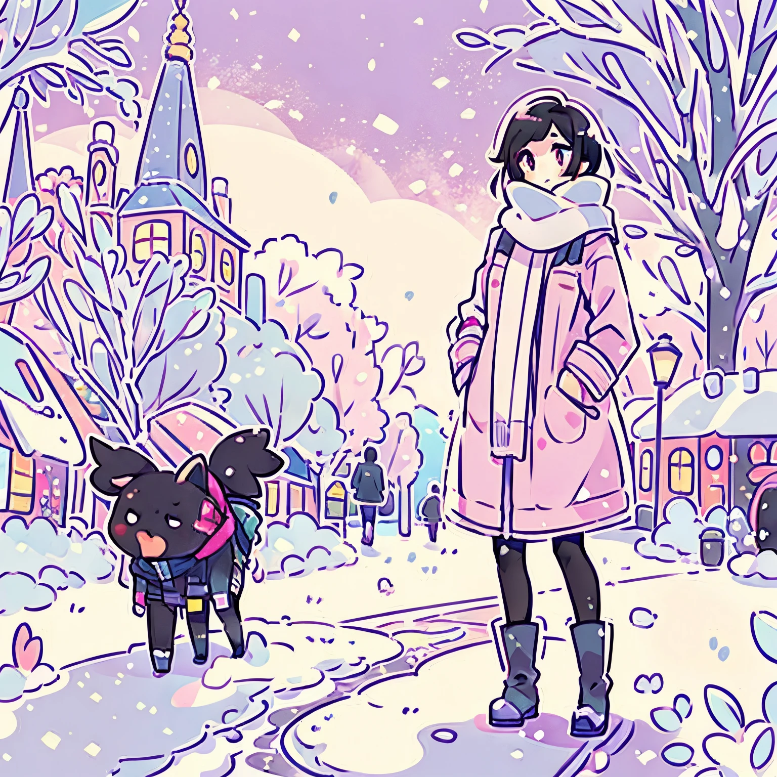 Fairy tale picture book style,Full body like,with short black hair,bit girl,White down jacket,White scarf,snow landscape,natta,flatchest,European Street View