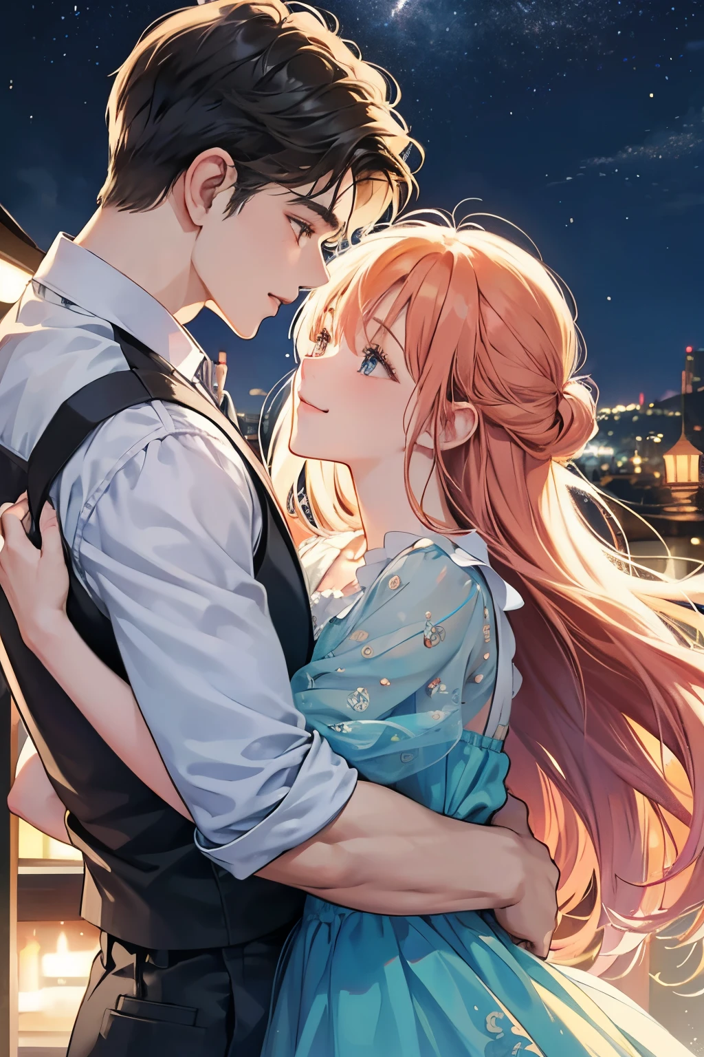 Two men and women、high-level image quality、Man and woman hugging each other、Happy expression on face、Hugging and staring at each other、Cute s、One Man and One Woman、Lovers、nighttime scene、twinks