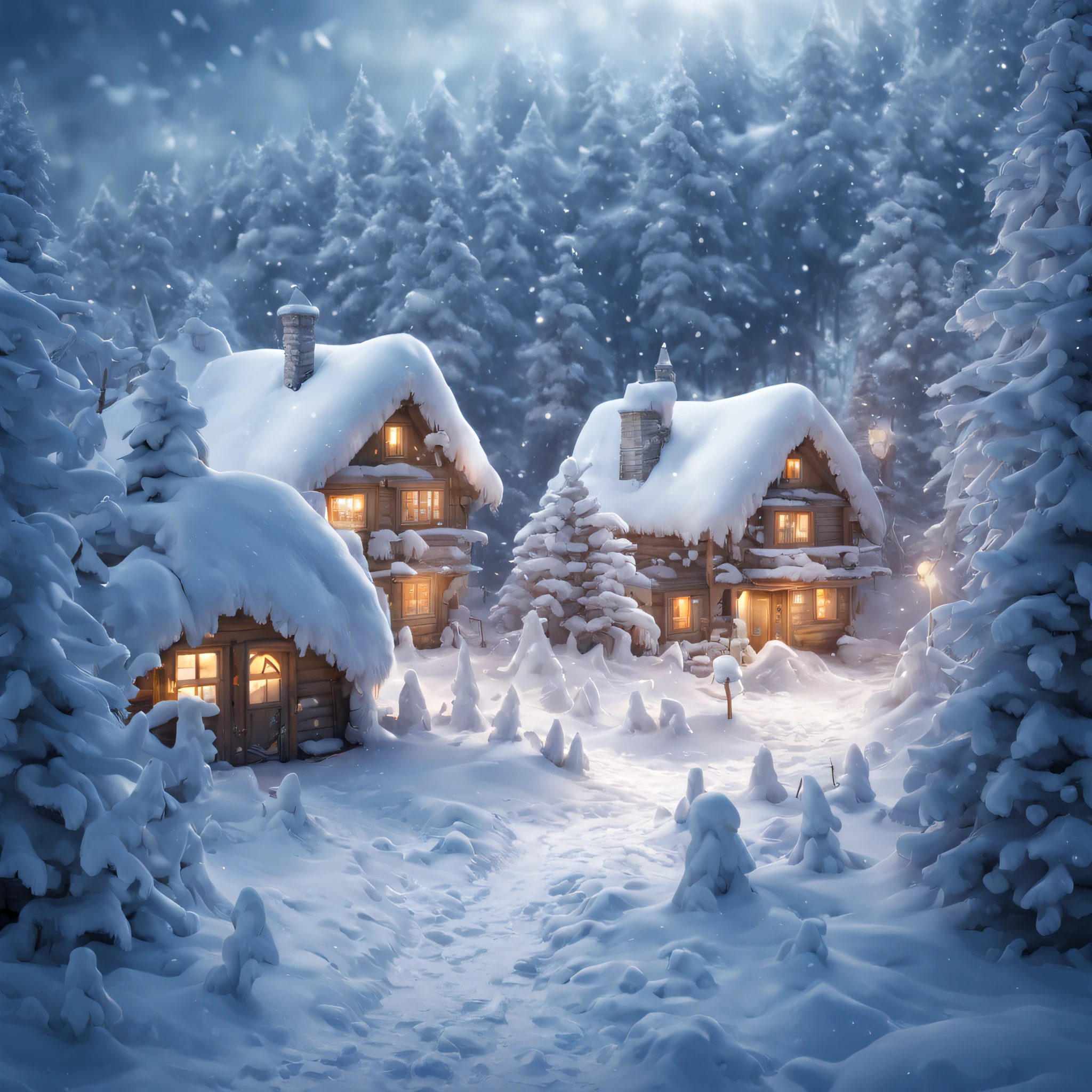 Close-up photo of a magical Winter Wonderland., A winter wonderland with its snowy inhabitants, Winter snow houses and snow creatures, in a fabulous Winter Wonderland, A winter wonderland with its own details, great depth of field, Hi-Def, Extremely realistic, Extremely detailed, cinematic treatment, HDR, Photorealistic, tmasterpiece
