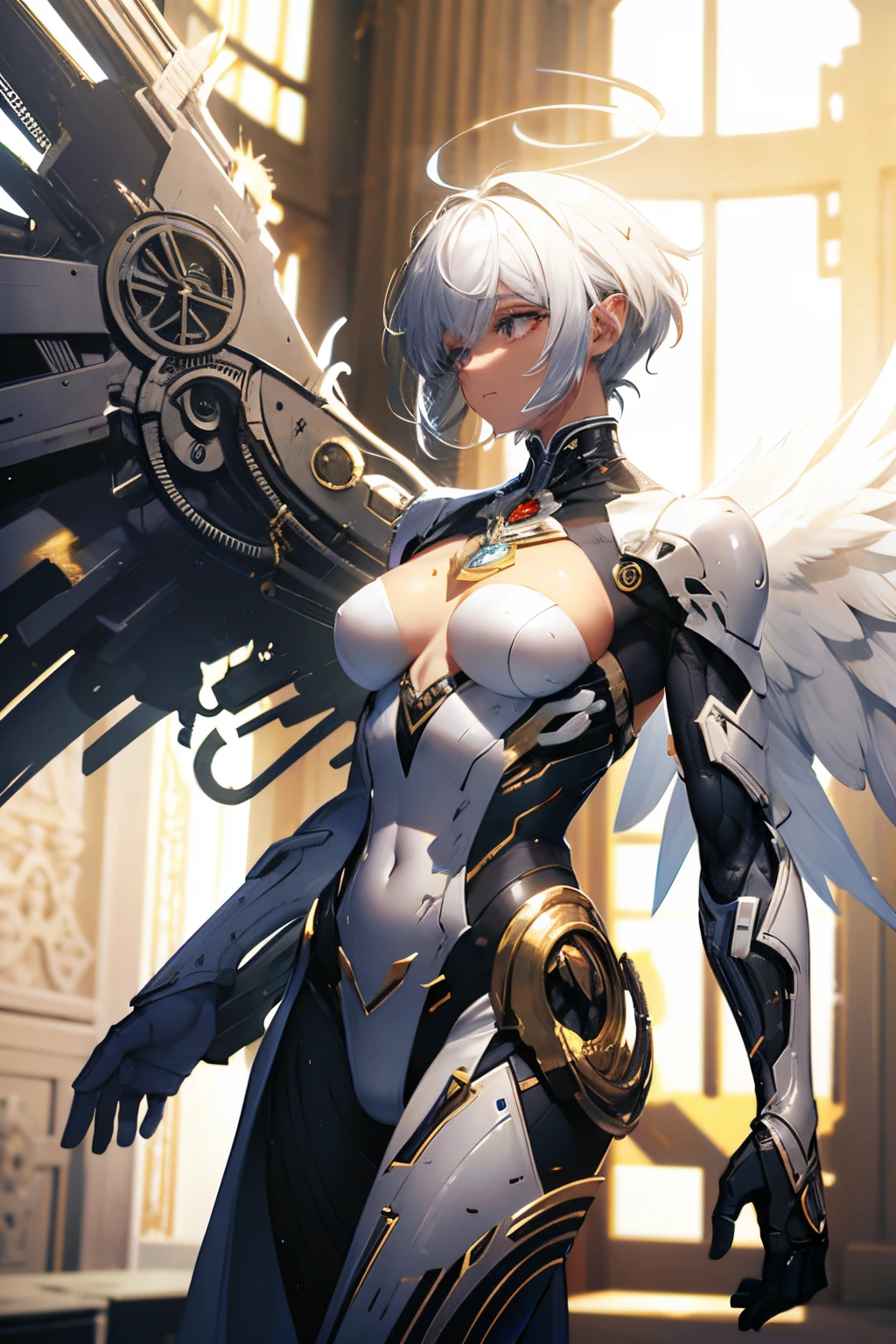 Archangel, white hair, tanned skin, mechanical body, metal wings, holy, divine