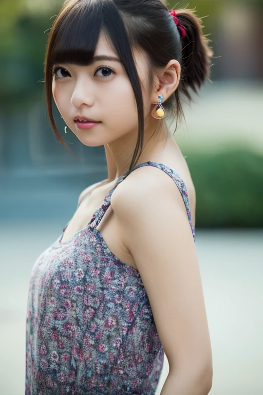 (4K, Best Quality, Highres:1.1), (Realistic, Photo-Realistic:1), Flat-chested Asuka, (cute:1.8), cuties, solo, (Flat-chested:1.2), Detailed Eyes, Brown Eyes, Innocent Eyes, Blush, Casual Clothes, Masterpieces, Beautiful Lights, Movie Lights, Movie Particles, Jewelry, Heart-shaped Earrings, Bangs, Cherry Lips, Looking at the Audience, Upper body, lips apart, ponytail, side ponytail, both sides facing up, depth of field, background blur, eye focus, bokeh, 85mm lens, f/1.4, professional lighting, photon mapping, radiosity, physically based rendering, high detail, masterpiece,