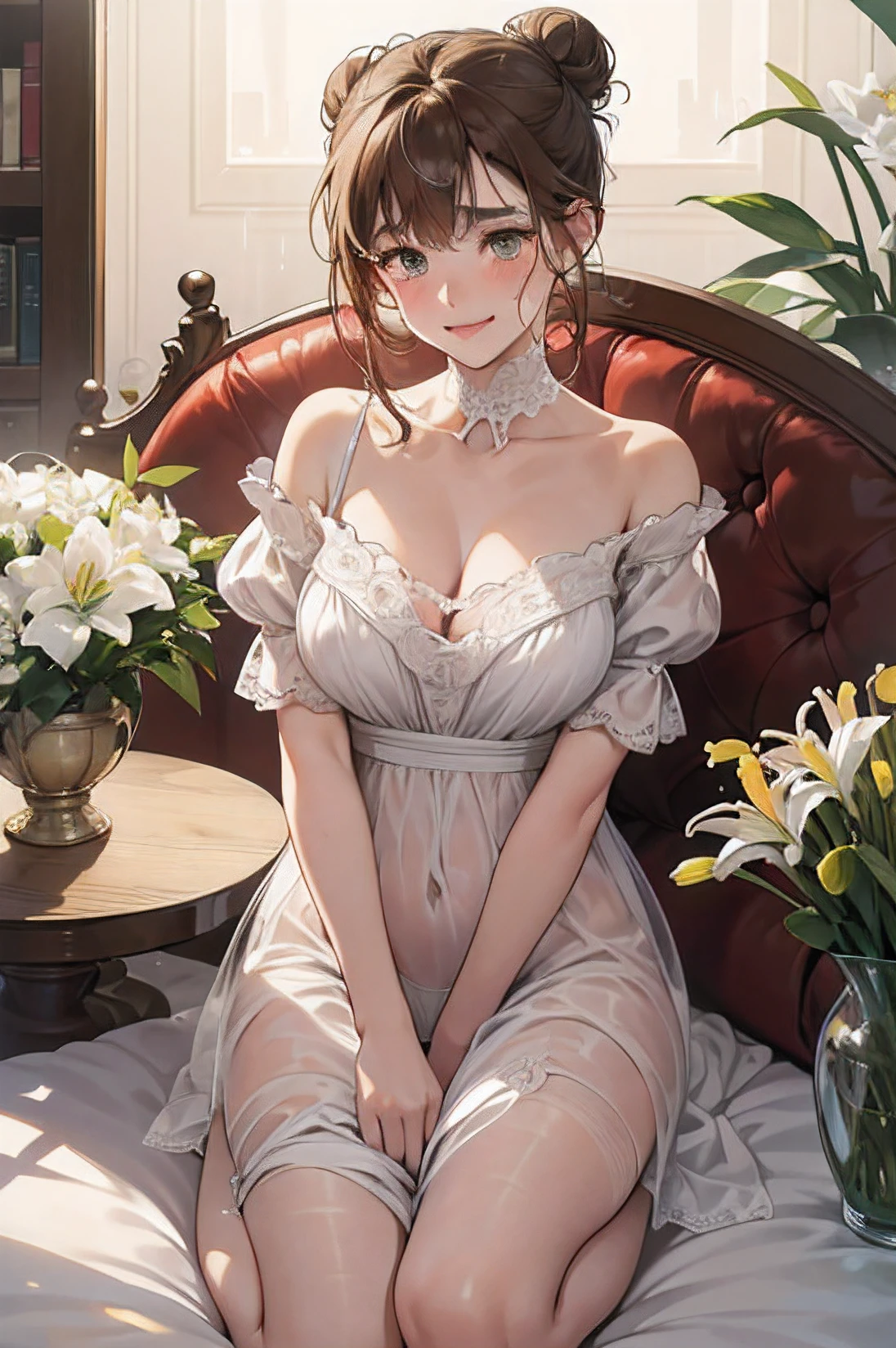(On a table, number art, Digital illustration, 4K, 8K, ultra - detailed, Beautiful image, Sharp Images, realistically, RAW photos, is a perfect face, Perfect lines, perfect eyes, gentlesoftlighting) 1人の女性, (Light brown hair,hair-bun,innocent look,droopy eyebrows,Teary eyes,with a round face,Round Chin、pure,Cute little turtle,largeeyes,natural makeup,smile kindly,E杯,23-year-old female:1.3),Two handsome guys in suits, (human character,Man in suit,Muscular,Shoulders broad and firm, Man's,Childlike hairstyles,man in his 30s,The expression is grim,28-year-old man,The smile is bright:1.2),antique furnitures,ancient antiques,antique chair,Chandeliers,crystal glass,Luxury,dreamy light,marble fireplace,(embarrassed from,Smile shyly,White lily bouquet:1.2),antique sofa,a leather sofa,this kiss、kisses、A couple、couple kissing、𝓡𝓸𝓶𝓪𝓷𝓽𝓲𝓬、Plain white dress、Weddings、gender、soaked pubic hair、 、Overflowing、A slight smil、cute little、report,Full body painting,(a woman and a man,possessed :1.5),(human character, Man's,rub girl'S:1.2),Cheek staining、Panting Face、embarressed、Noudi、begging、Not in the mood、Greedy expression,soaked pubic hair、 xen、Open your crotch、Cheek staining、Panting Face、embarressed、Noudi、begging、Not in the mood、Greedy expression,soaked pubic hair、 xen、Open your crotch、revcowgirl、Boroli、Chest fluttering、lace underwear big breasts、Take off your underwear、pure pubic hair、Roll up the hem of your pajamas、Public area display、Plugins、 quilt、After stripping off and exposing inner clothes、licking ear、Ella、My fingers are wet.....................、Glowing face、Soaked with sweat、