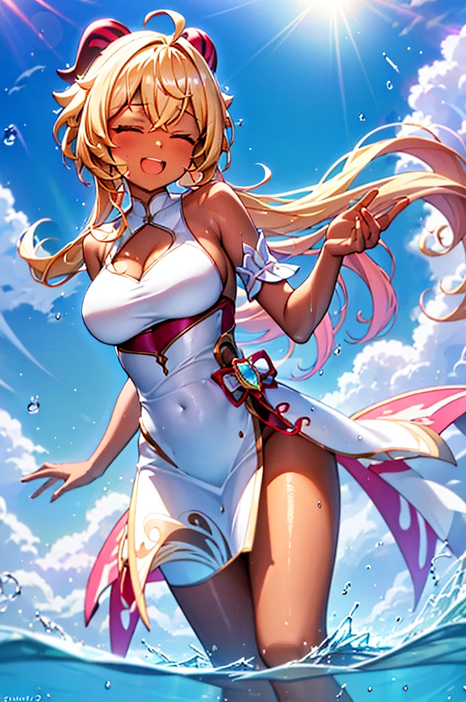 Best quality, tmasterpiece, Incredibly beautiful, very elaborate 8K wallpaper, otherworldly beautiful girl, , (Dark skin), (blonde hair pink gradient hair), Side pony, intermittently, Open your mouth and laugh, Long eyelashes, cosmetics, Close her eyes, (zoomout, bigger, BigREAK, 夏天, Beachy, (比基尼), Reflection in the water, (Floating water drops blur foreground), (blue-sky), lens flare glow, (water splash), rays of sunshine,