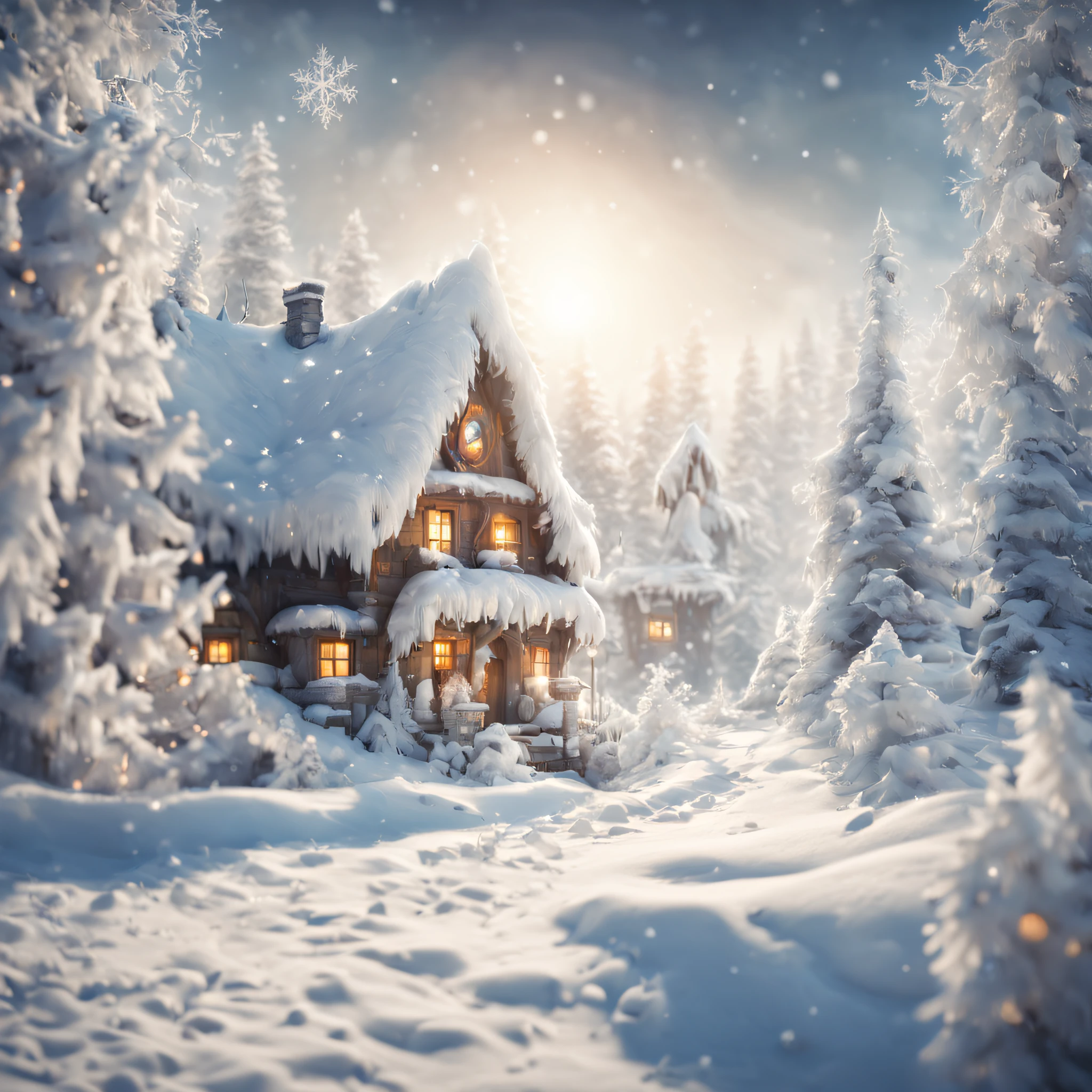 Close-up photo of a magical Winter Wonderland., A winter wonderland with its snowy inhabitants, Winter snow houses and snow creatures, in a fabulous Winter Wonderland, A winter wonderland with its own details, great depth of field, Hi-Def, Extremely realistic, Extremely detailed, cinematic treatment, HDR, Photorealistic, tmasterpiece
