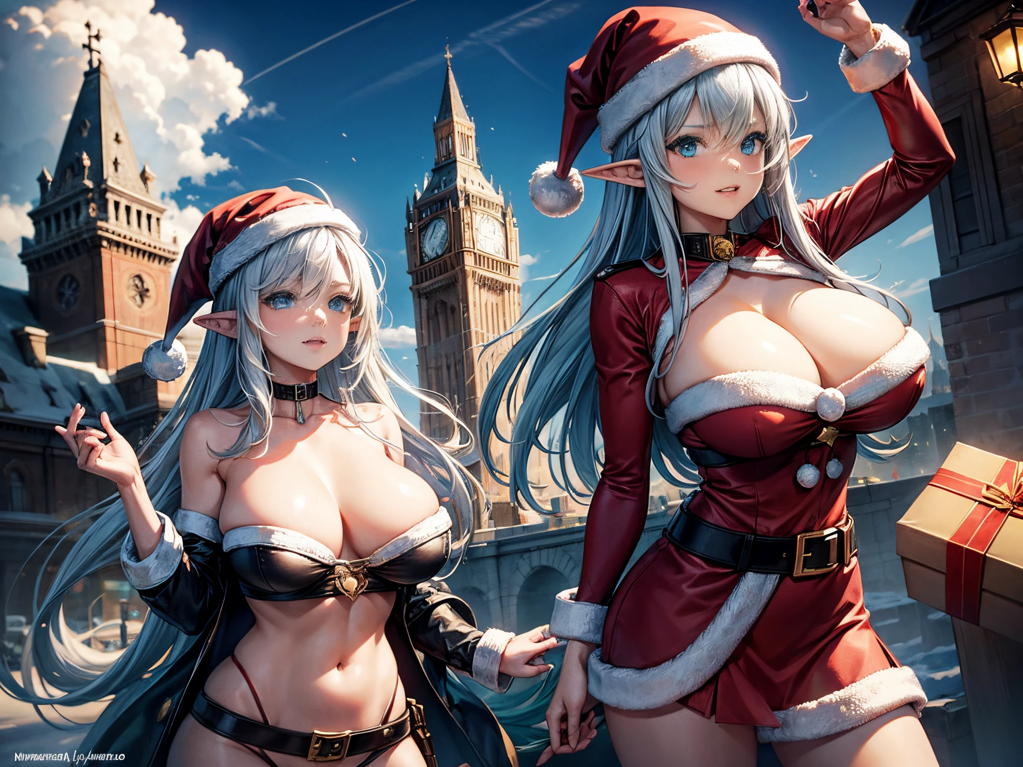 Challenge the conventional with a dystopian holiday theme, featuring Santa's sleigh soaring above a cityscape of fractal structures and rebellious elf rebels. enormous tits