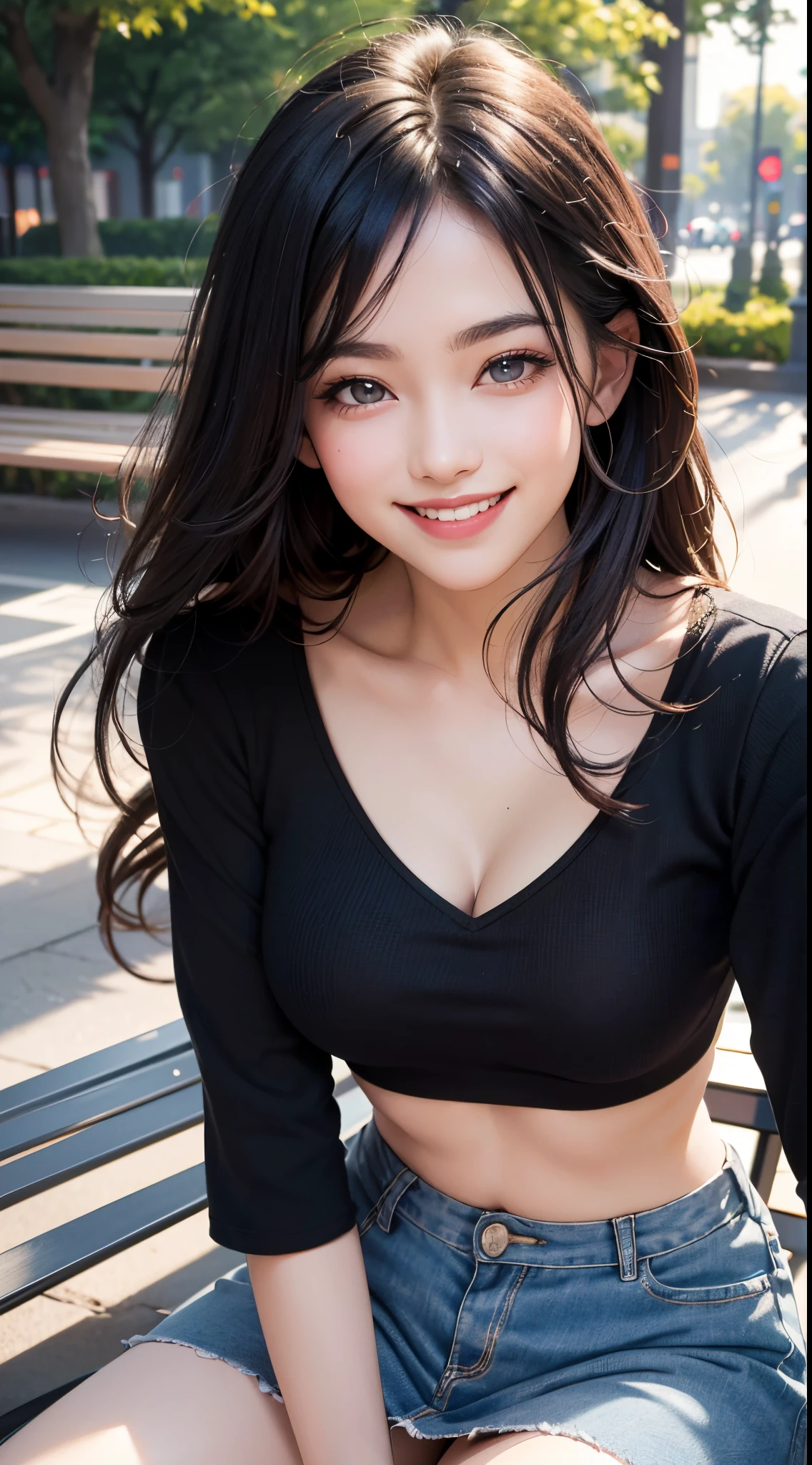 (UHD, retina, masterpiece, ccurate, anatomically correct, textured skin, super detail, high details, high quality, best quality, highres, 1080P, HD, 4K, 8k, 16k), (beautiful detailed eyes, beautiful detailed lips, extremely detailed eyes and face), studio lighting, physically-based rendering, vivid colors, (large breasts, glamorous body), (flare skirt and simple tops), (portrait, shiny hair, shiny skin, blush), (park with benches, bokeh), eye reflection, jet black hair, (smile and laugh:1.5),