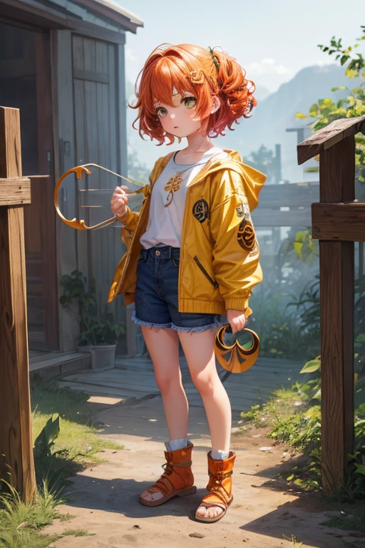 (masterpiece), best quality, expressive eyes, perfect face, (1girl), (child), small lady, curly short hair, orange hair, yellow eyes, medium hair, yellow jacket and jeans, (holding a wooden battle slingshot), full body side view