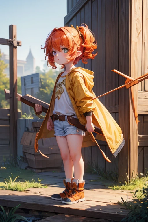 (masterpiece), best quality, expressive eyes, perfect face, (1girl), (child), small lady, curly short hair, orange hair, yellow eyes, medium hair, yellow jacket and jeans, (holding a wooden battle slingshot), full body side view
