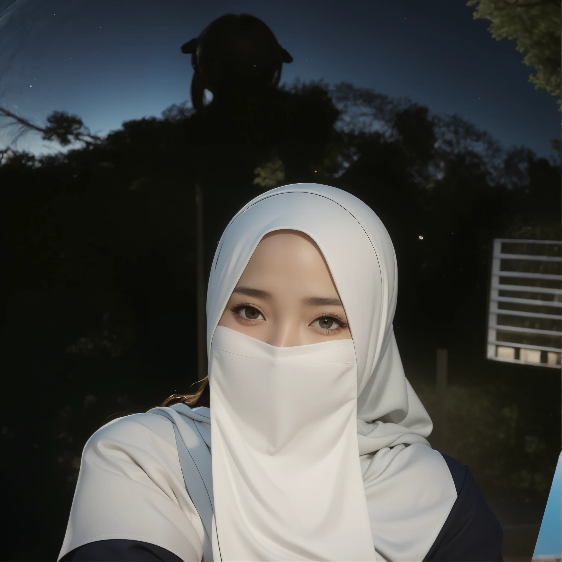 there is a woman wearing a white hijab and a white scarf, with sunset, 8k selfie photograph, white hijab, ☁🌪🌙👩🏾, hijab, from 8 k matte, during sunset, shot on gopro9, she is facing the camera, inspired by Naza, with backlight, with accurate face, during night, face covered, 🤤 girl portrait