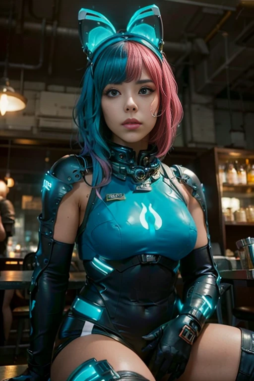 A photo of a young pretty, nerdy woman sitting in a cafe, wearing a white shirt and a bow, surrounded by a cozy lofi atmosphere, looking at the viewer. Short Pink Hair, Stunning Glow Lite Blue Eyes, Amazing beautiful shining hitech astropunk helmet with a big faceshield like an ultimate astronaut, cinematic lut colors, stunning masterpiece of photography, Traditional Cyberbodies, Realistic,DERPD, Science-Fiction, serie-b movie scene. blacklights fluorescent colors, neon-noir ascents, contrasting lsd colors, blue theme