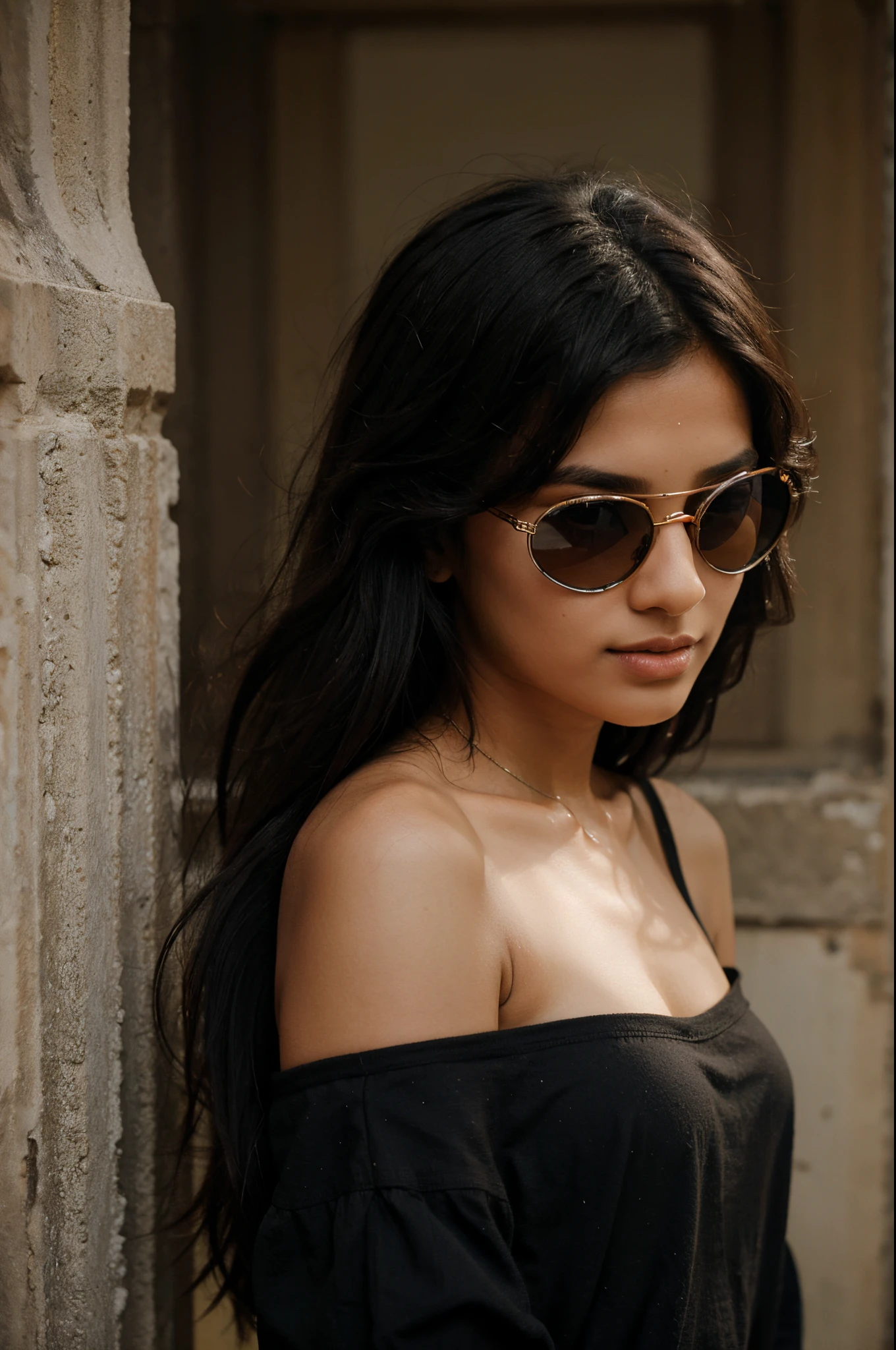 slim indian girl with long black hair, wearing goggles