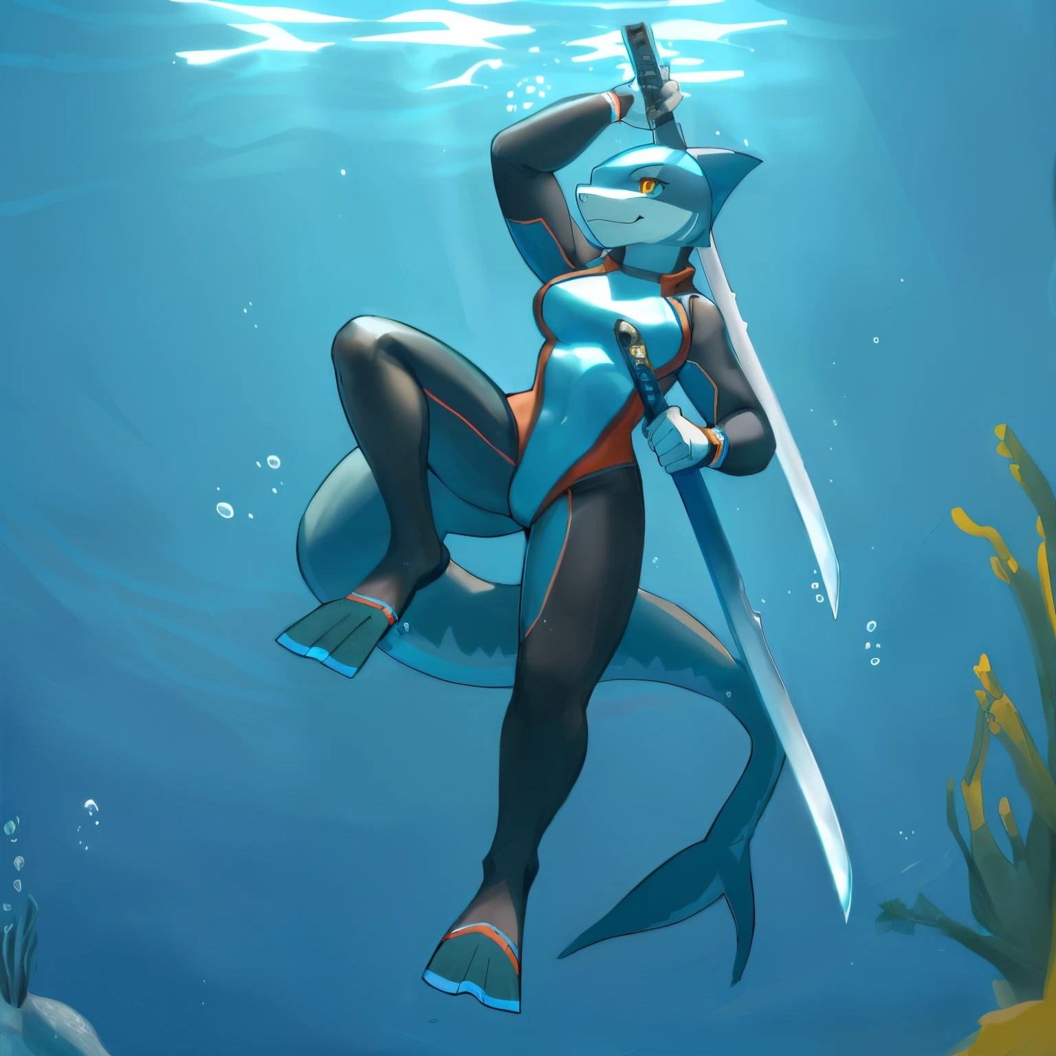 a drawing of a smiling female shark in a dive suit holding a sword, badass pose, swimming flippers, katana, anthro female, shark, aquatic, underwater, abserdres, hires, highly detailed