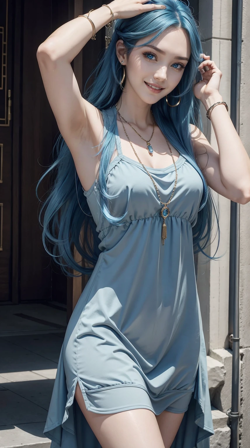 25-year-old Caucasian woman、hair color is reddish、Blue eyes with blue hair extensions、Semi-long、setting hair、I'm tying my hair、My hair is wavy、Slender but thin macho、accessories on the wrist、wearing a chain necklace、Beautiful breasts、a smile、I need space above my head、wearing a mini princess dress、Wearing mules、a smile