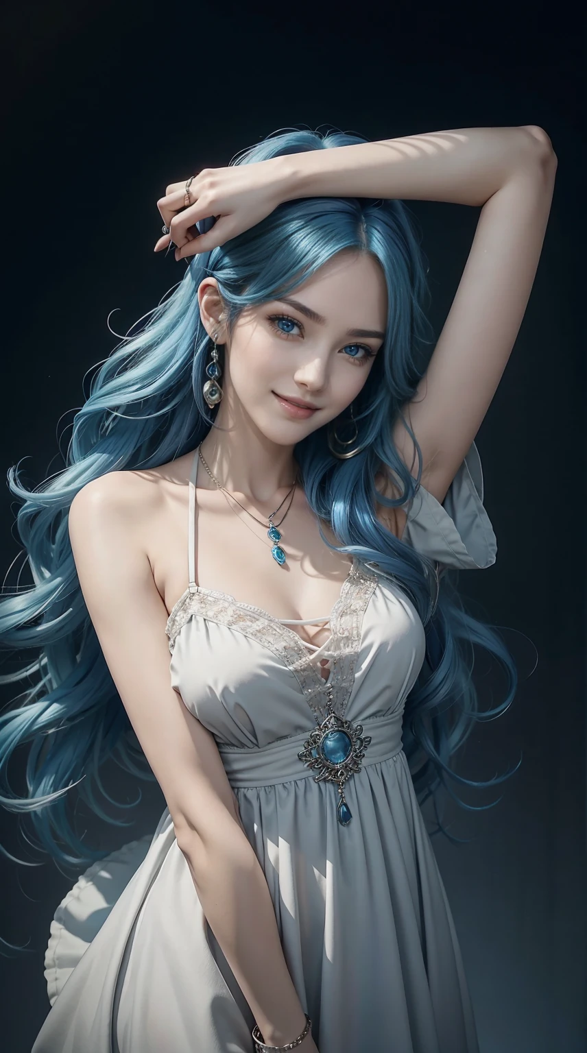 25-year-old Caucasian woman、hair color is reddish、Blue eyes with blue hair extensions、Semi-long、setting hair、I'm tying my hair、My hair is wavy、Slender but thin macho、accessories on the wrist、wearing a chain necklace、Beautiful breasts、a smile、I need space above my head、wearing a mini princess dress、Wearing mules、a smile