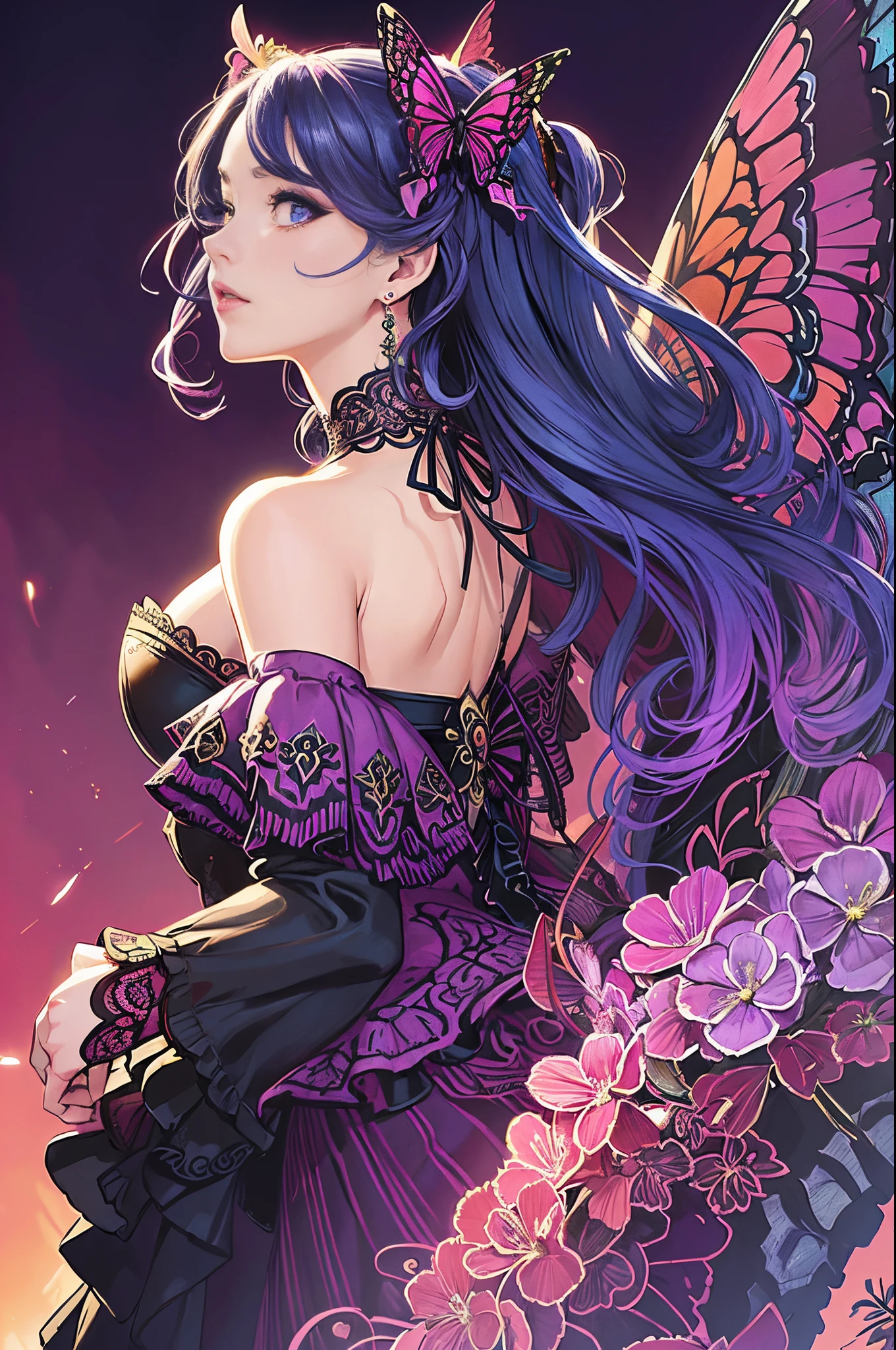 Butterfly motif、magenta undertone、Vibrant colors、((​masterpiece)))、(((top-quality)))、((ultra-detailliert))、(A hyper-realistic)、(highly detailed CGillustration）、Official art、Luxembourg in the early 20th century、Decadent、Madame Papillon、Cool Beauty、Masquerade、sophisticated menegance、Gorgeous、Colorful and detailed mask design、matchless beauty、Fans、gorgeous dress、jewely、Female Solo、Perfect Angle、perfect-composition