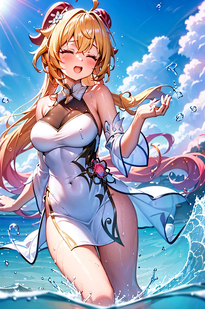 Best quality at best, tmasterpiece, Incredibly beautiful, very elaborate 8K wallpaper, otherworldly beautiful girl, , (Fair skin), (blonde hair pink gradient hair), Side pony, intermittently, Open your mouth and laugh, Long eyelashes, cosmetics, open her eyes, (zoomout, The large, BigREAK, 夏天, Beachy, (比基尼), Reflection in the water, (Floating water drops blur foreground), (blue-sky), lens flare glow, (water splash), rays of sunshine,