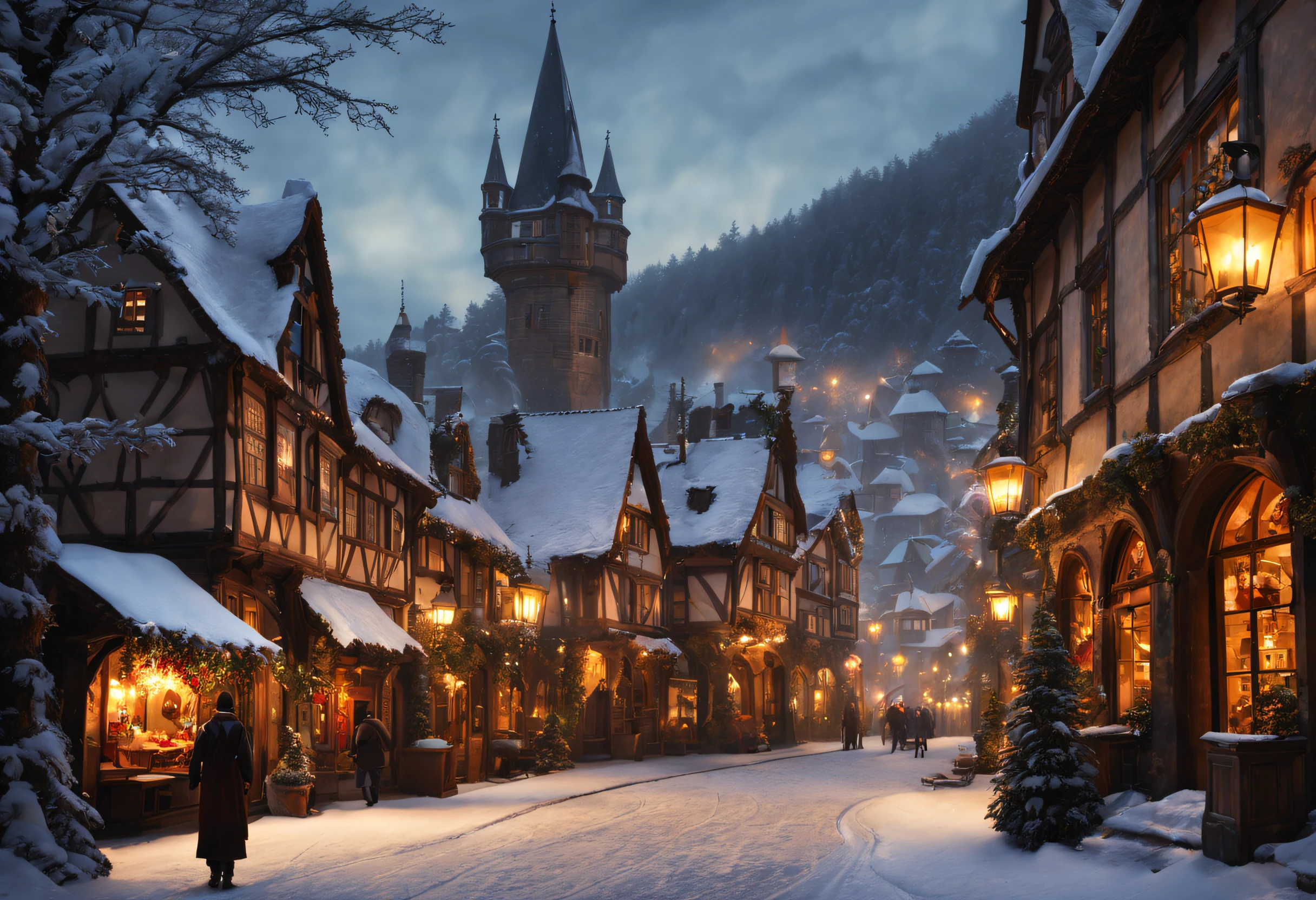 (best quality,4k,8k,highres,masterpiece:1.2),ultra-detailed,realistic, snowy medieval town, charming architecture, cobblestone streets, towering castle, smoke billowing from chimneys, icicles hanging from rooftops, snow-covered fir trees, flickering lanterns, snowflakes gently falling, cozy atmosphere, historical charm, dimly lit alleys, warm glow of fireplaces, horse-drawn carriages passing by, distant sound of bells, hints of a bustling marketplace, cloaked figures walking through snow, peaceful and magical ambiance, vibrant colors peeking through the snow, postcard-worthy scenery, serene winter landscape