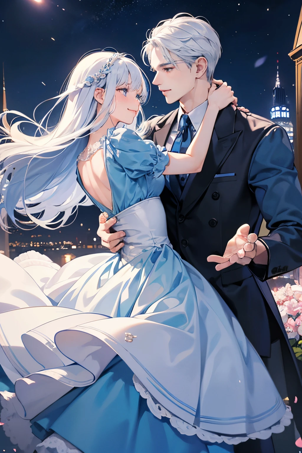 Two men and women、high-level image quality、Man and woman hugging each other、Happy expression on face、Hugging and staring at each other、Cute little girl s、One Man and One Woman、Lovers、nighttime scene、twinks、Dancing the waltz、A Woman in a Blue Dress、Woman with white hair