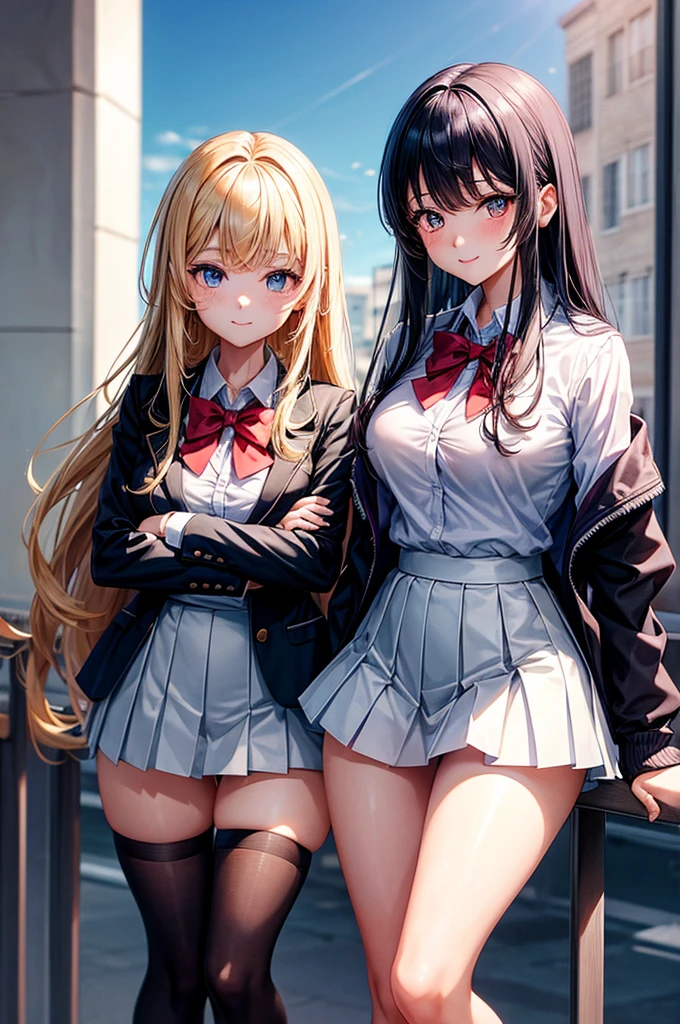 (high quality, 8k, 4K, high contrast, artwork:1.2, high quality, best aesthetics), (dynamic angle), ((3 woman)), erotic, sensual, mature body, super detailed, beautiful face detailed, beautiful eyes detailed, detailed beautiful mouth, sexy body, perfect breats, perfect wide thighs, (3 girls centered next to each other looking at the viewer), (all 3 are using: white dress shirt, black tie, short black skirt, long white socks), (empty classroom in the background), (purple hair), (red hair), (blonde hair), (one of the 3 has dark skin while the other two are white)
