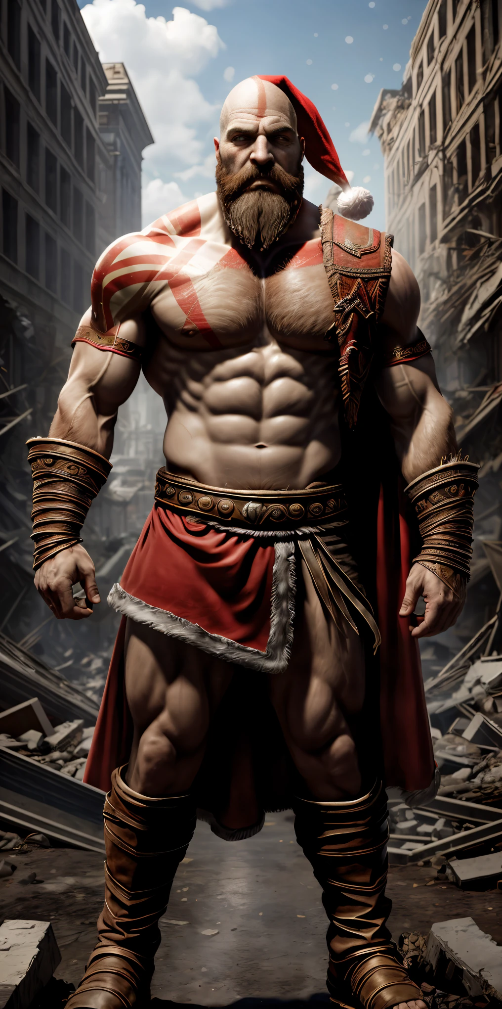 "Super Stronasterpiece in 16K, epic style. | Kratos, the God of War, emerges as an imposing figure in Santa Claus costume. The chaotic environment of a destroyed city stands out in the background, with intense shadows and striking contrasts. The clear sky adds a touch of hope to the dark scene. The style focuses on looking directly at the viewer (look at viewer: 1.2), highlighting the intensity of the God of War. The skin texture and the film grain effect (film grain: 1.3) contribute to the ultra-detailed quality. | The composition highlights Kratos in a destroyed soil, creating a memorable work of art. | Powerful scene of Kratos, the God of War, in Santa Claus costume, in a destroyed city, under a clear sky. | The camera, positioned close to Kratos, reveals the intricate details of his Santa Claus outfit, skin texture, and the destroyed city background, capturing the epic essence of the scene. | (epic_pose), Kratos is adopting a ((festive_pose, with Santa Claus outfit, in destroyed city):1.3), (god_of_war), (16K_resolution), More Detail”.