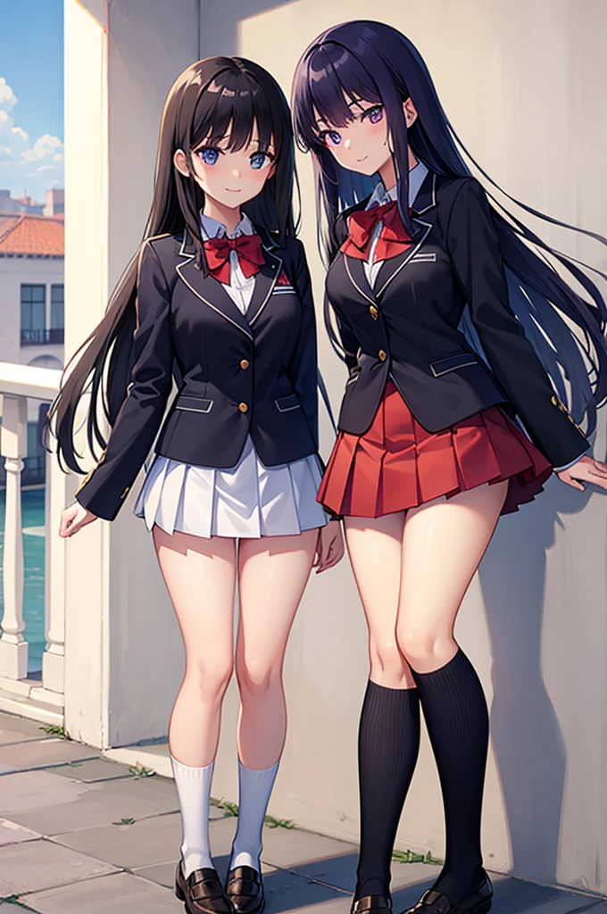 Two anime girls in school uniforms posing next to each other on the balcony, Multiple girls, Skirt, 2girls, Bow, School uniform, thighs thighs thighs thighs, Smile, breasts, Blonde hair, Long hair, sox, Looking at Viewer, Jacket, bowtie, Pleated skirt, Outdoors, Purple eyes, Blue eyes, Collared shirt, skyporn, Shirt, Bangs, Closed mouth, White shirt, Black hair, Blazer, day, knee high, Long sleeves, Blue sky, Red bow