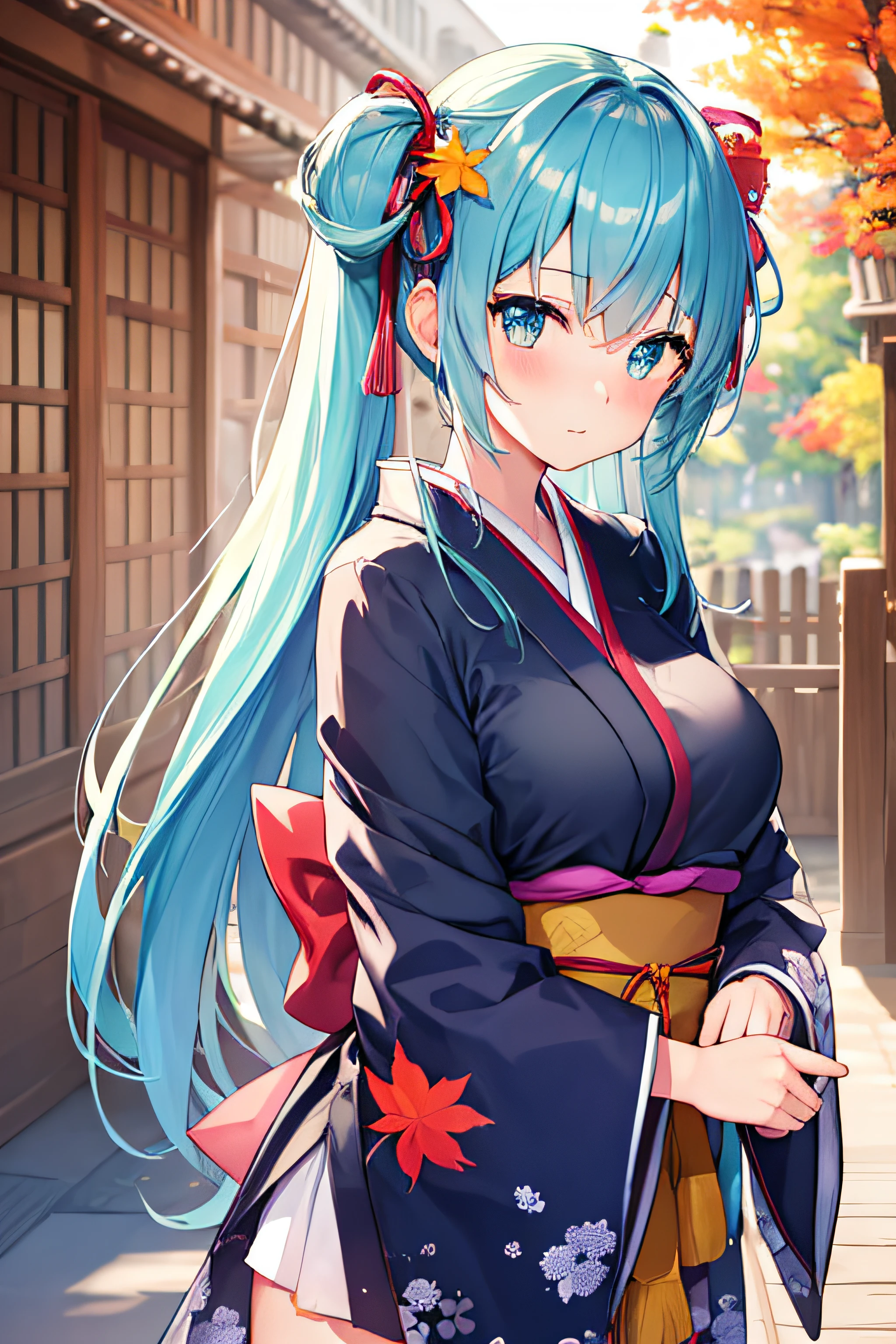 masterpiece、Top image quality、超A high resolution、miku hatsune、blue hairs、Twin-tailed、Blushing、Cute and shy、Kimono、firm breasts、well-shaped breasts、kyoto、Japan、during daytime、Autumn leaves、Autumn