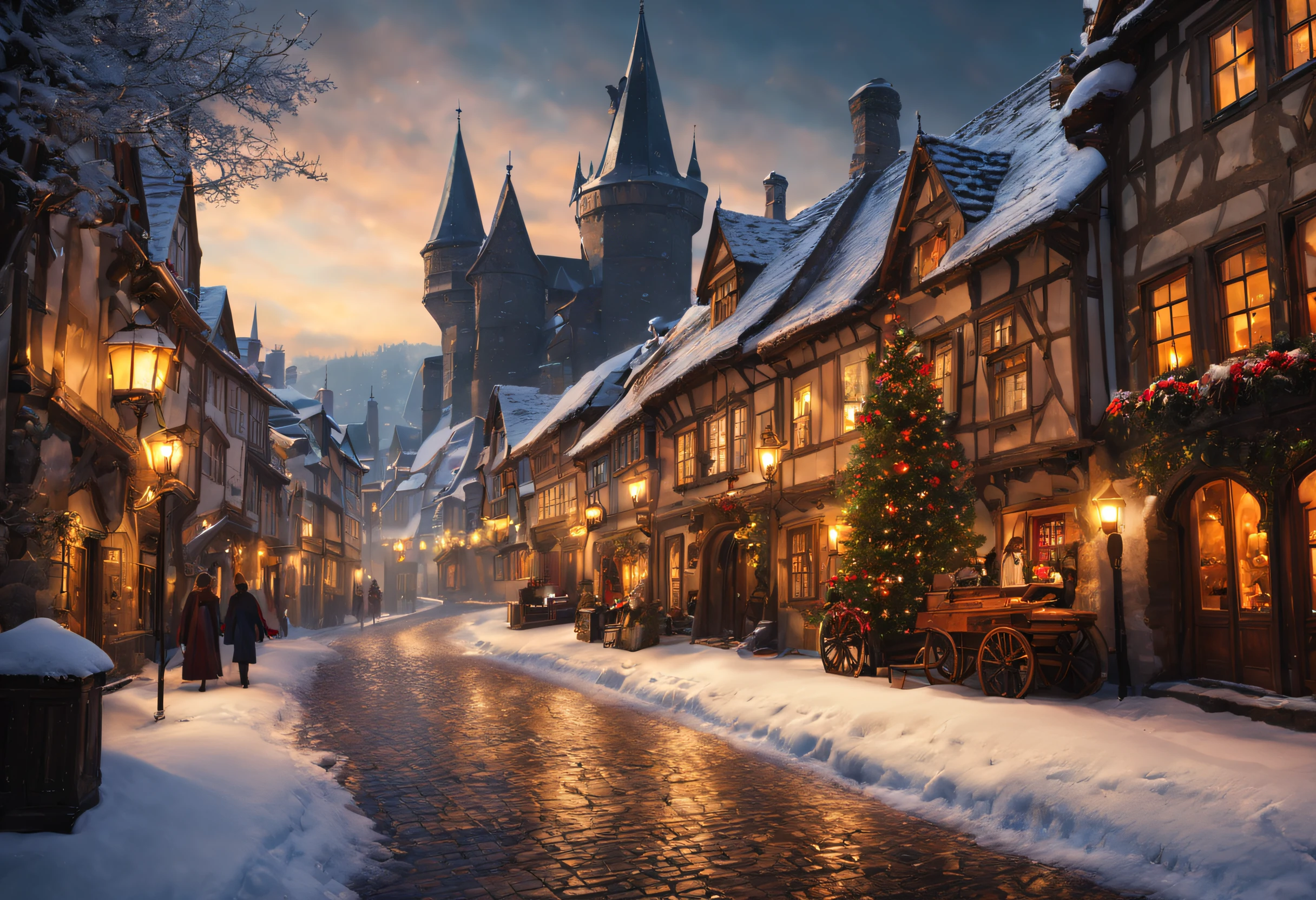 (best quality,4k,8k,highres,masterpiece:1.2),ultra-detailed,realistic, snowy medieval town, charming architecture, cobblestone streets, towering castle, smoke billowing from chimneys, icicles hanging from rooftops, snow-covered fir trees, flickering lanterns, snowflakes gently falling, cozy atmosphere, historical charm, dimly lit alleys, warm glow of fireplaces, horse-drawn carriages passing by, distant sound of bells, hints of a bustling marketplace, cloaked figures walking through snow, peaceful and magical ambiance, vibrant colors peeking through the snow, postcard-worthy scenery, serene winter landscape