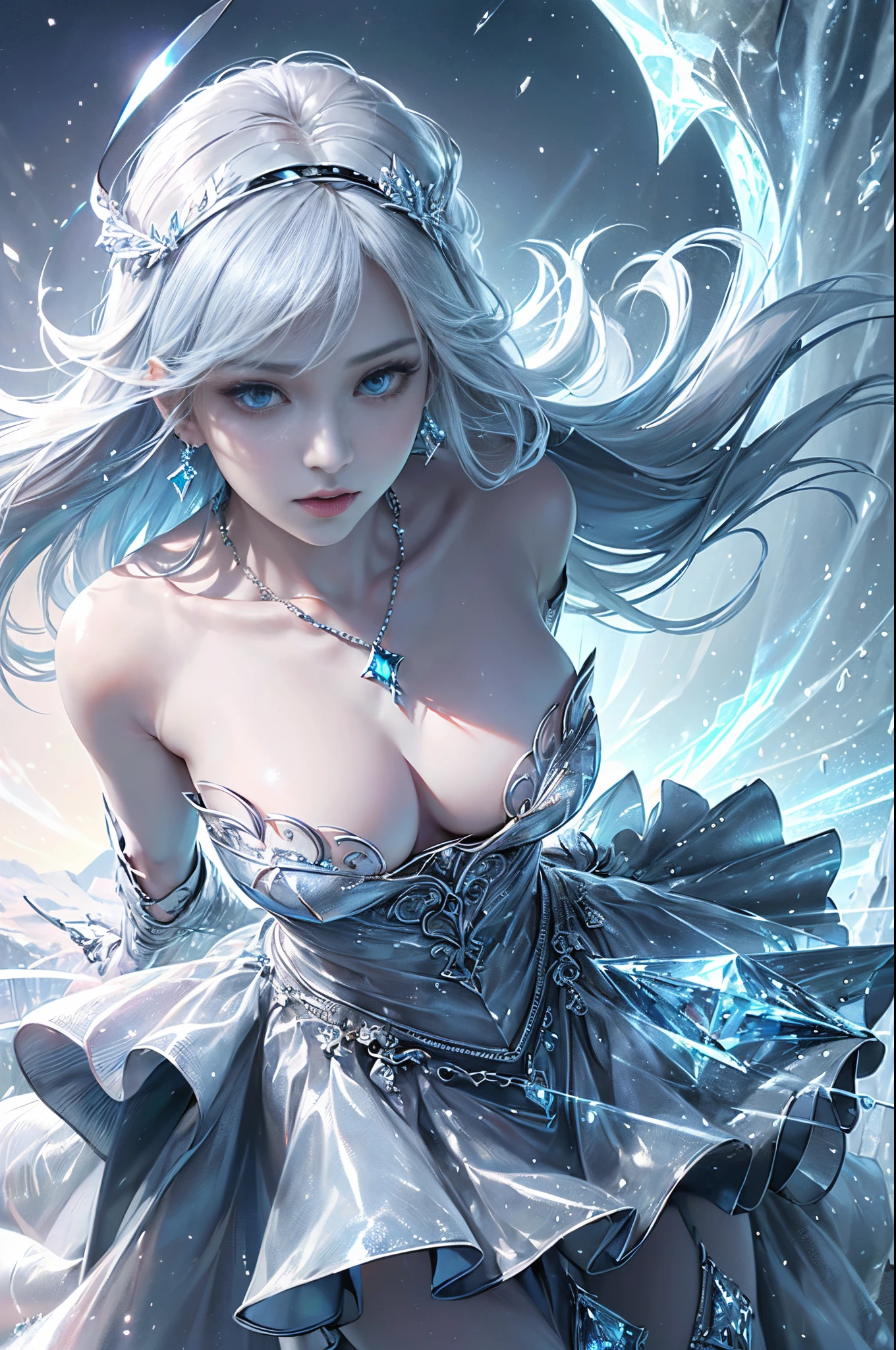 platinum and blue tones、((​masterpiece)))、(((top-quality)))、((ultra-detailliert))、(A hyper-realistic)、(highly detailed CGillustration）、light Particle、Halo、Official art、Fractal Art、Mystical、sacredness、solemnity、Magnificent、dignity、absolute zero、Diamond Dust、blizzard、permafrost、Full body luminescence、frozen ice witch、Queen of snow、Cool Beauty、 Woman in her 30s、Slender eyes、sharp gaze、very beautiful sparkling eyes、Blue eyes that seem to be sucked in、sophisticated menegance、Gorgeous beauty、Fans、Gorgeous dress studded with diamonds、diamond earrings and necklace、独奏、Perfect Angle、perfect-composition、Face close-up