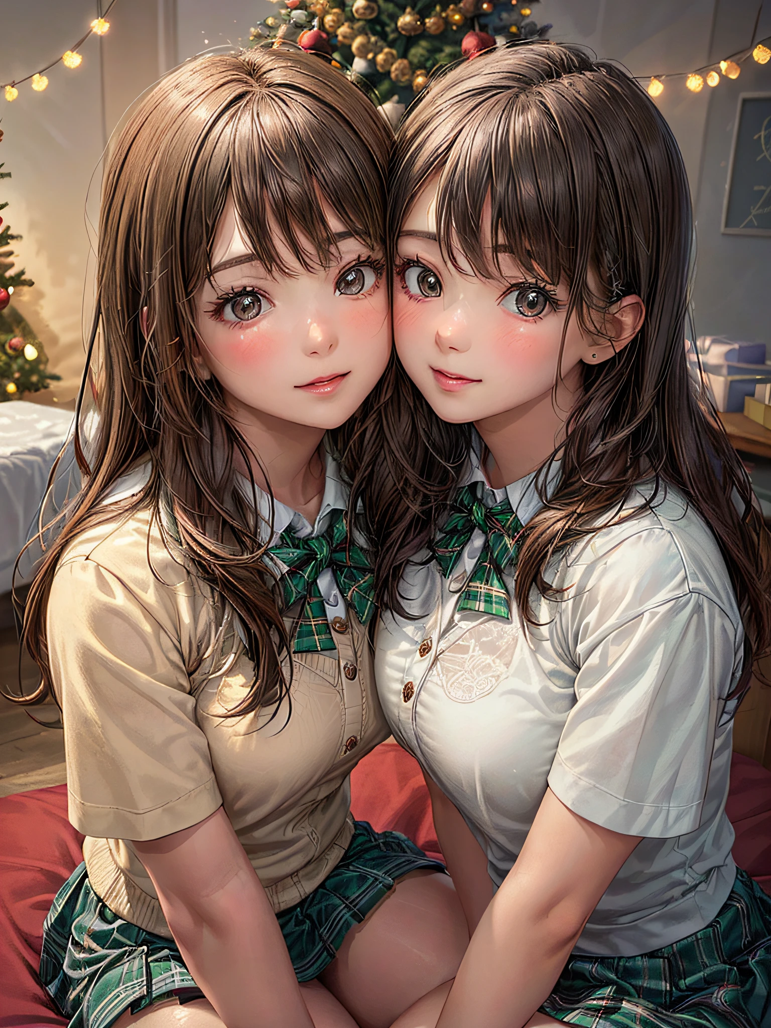 (2girls:1.4), Extremely cute, amazing face and eyes beautiful nice smile), (extremely detailed beautiful face), bright and shiny lips, (School uniform, Pleated skirt:1.3), (Best Quality:1.4), (hyper quality), (Ultra-detailed), (Hyper-realistic, Photorealsitic:1.37), Authentic skin texture, intricate-detail, extremely detailed CG unified 8k wallpaper, RAW Photos, professional photograpy, Cinematic lighting, Exposing, Christmas tree, Christmas Ornaments, Christmas Decorations, Christmas Lights, Christmas Lights,