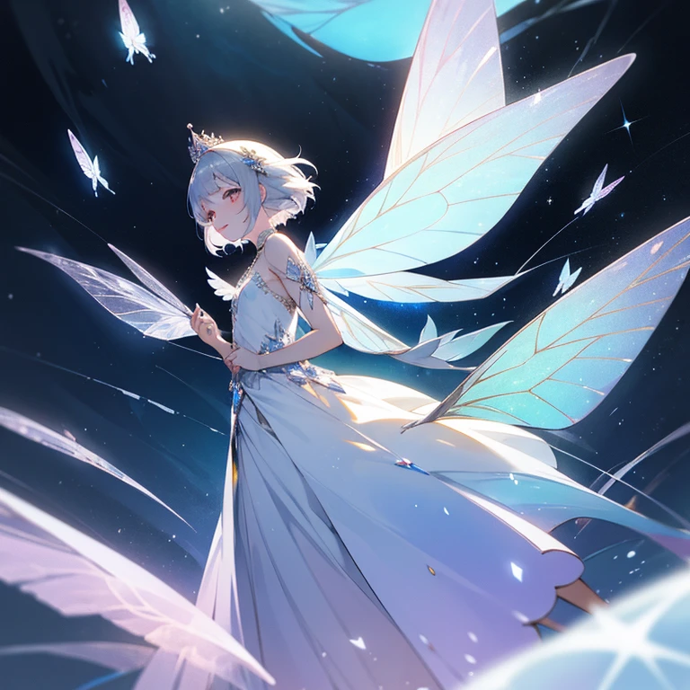 1 Fairy Girl,Fairy queen,healthy clear white skin,pastel aurora,Fluffy silver long dress wrapped in light,Aurora,Colorful eyes,Sparkling eyes,big eye,bright silver hair,Smooth short bob hair,Silver crown,Transparent silver wings shining from the back,capable of flight,aurora hair color,PastelColors,Beautiful fece,a colorful,Delicate,Happiness,Deities,A smile,Gentle,Cold shades,warm personality,Adults,Fantasia,glitters,faerie,Morpho butterfly,Fantastical,.Dreamy,cute little,Silver Light,Silver World,snowflakes falling,icy,Yuki,stele,natta,body facing forward,Best Quality,high-level image quality