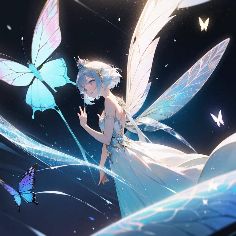 1 Fairy Girl,Fairy queen,healthy clear white skin,pastel aurora,Fluffy silver long dress wrapped in light,Aurora,Colorful eyes,Sparkling eyes,big eye,bright silver hair,Smooth short bob hair,Silver crown,Transparent silver wings shining from the back,capable of flight,aurora hair color,PastelColors,Beautiful fece,a colorful,Delicate,Happiness,Deities,A smile,Gentle,Cold shades,warm personality,Adults,Fantasia,glitters,faerie,Morpho butterfly,Fantastical,.Dreamy,cute little,Silver Light,Silver World,snowflakes falling,icy,Yuki,stele,natta,body facing forward,Best Quality,high-level image quality