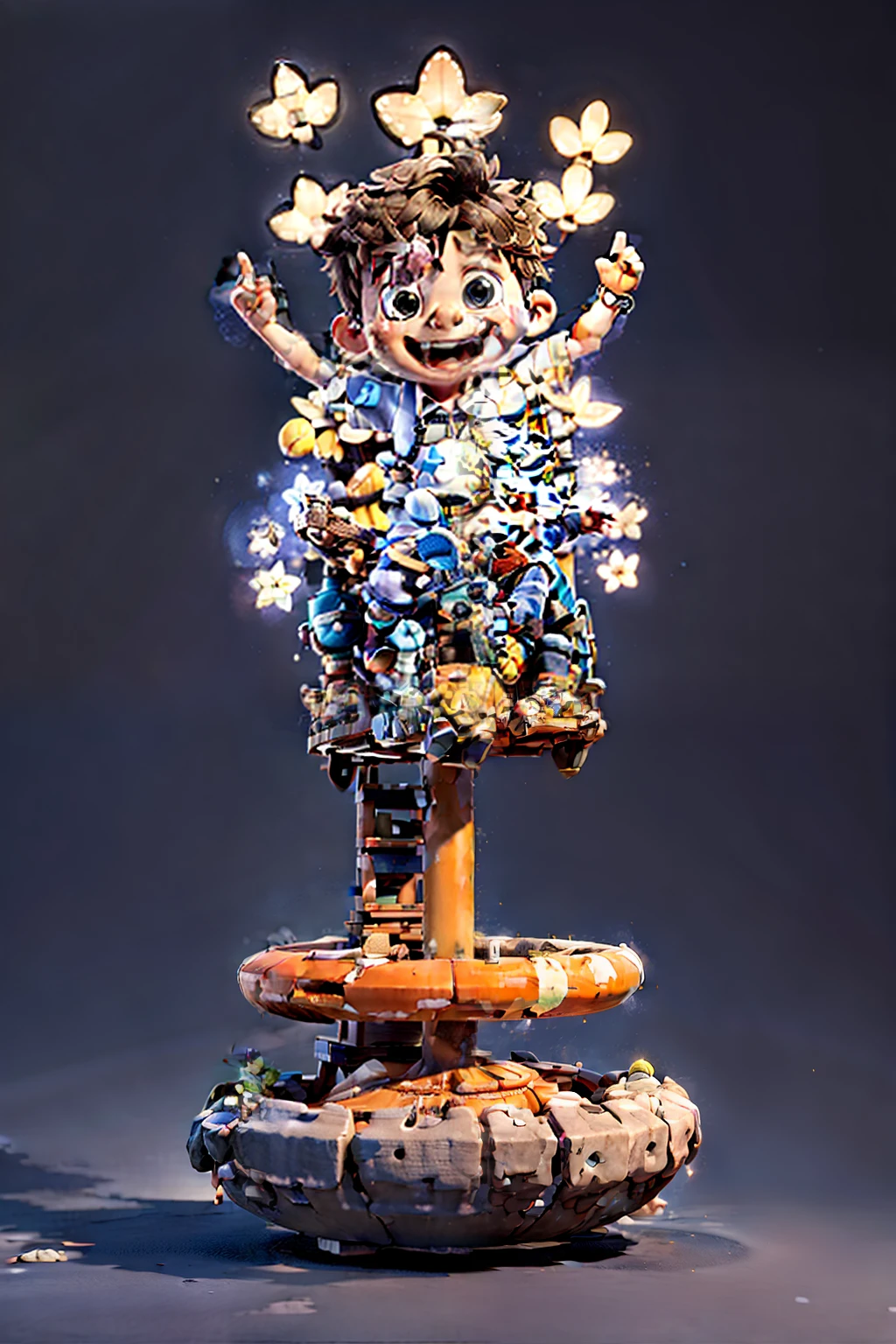 a little boy sitting on a flying machine, happy，expression, holding his hands up high, chibi, white, orange, resin, 3d, blender, precise structure, fine material rendering, 2.5d, bright colorackground, detailed rendering, 8k, rich detail, meticulous structure ar 9:5