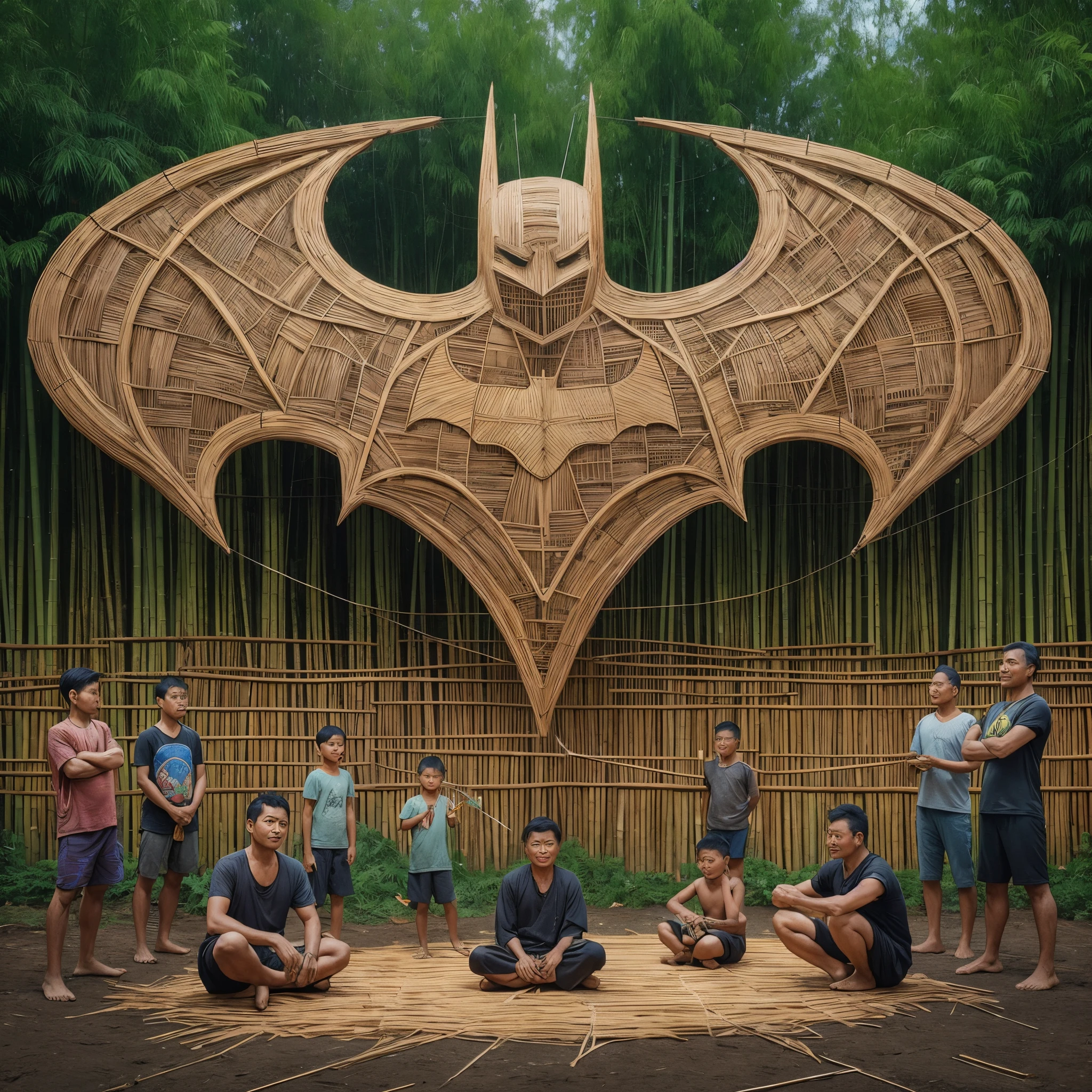 photo realistic Batman sitting with several villagers making kites to form the Batman logo, in the garden behind the house, lots of bamboo barongan.
