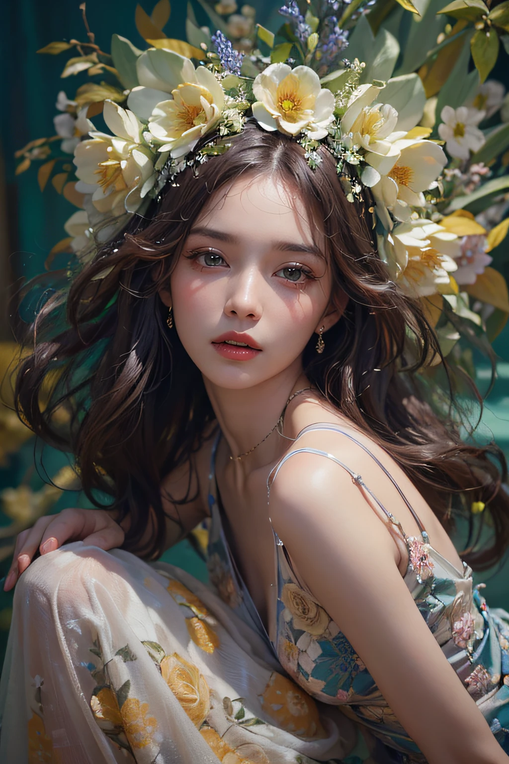 (Top quality color photo of a mysterious beautiful woman wearing floral clothes),(extremely delicate and beautiful work:1.2), Sitting in the Light of God, with neon lights, grand background, starryskybackground, Art Nouveau, Floral Couture, Clothes made of flowers, Luxury Fashion,(she is the embodiment of beauty and charm, Her clothes are as soft and light as air.,) Detailed face, Looking at Viewer, Detailed eyes, Black eyes, Lustrous lips , gentle and mysterious expression, High color saturation, surrealism , (Best Quality, masutepiece, ultra-detailliert, 超A high resolution, Photorealistic, Raw photo, absurderes, absolutely resolution:1.4),