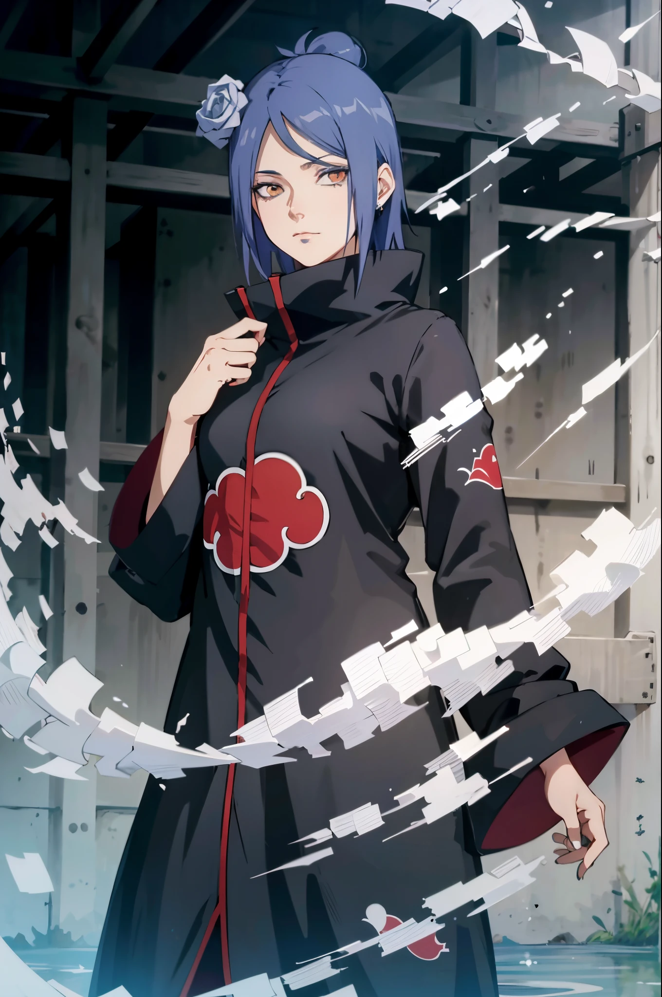 qualidade mais absurda), (master part),(ultra-detalhado:1.2),(fotorrealista:1.1),(Altas),
1girl,(injury:1.1),(sangue:1.1),
Konan \(Naruto\), (Equipamento da Akatsuki:1.1), Piercing labret, (:1.2),
ripples,Roda ,Rainbow,