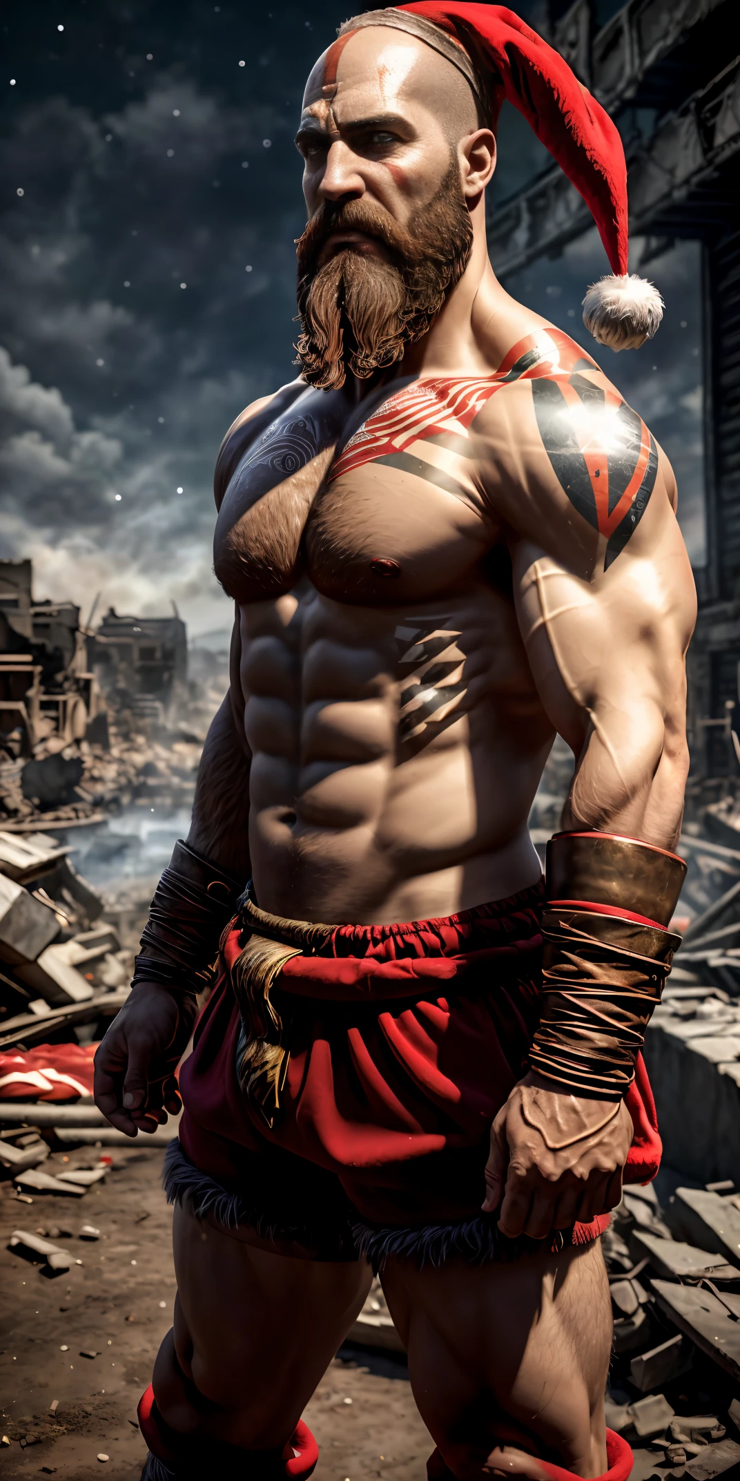 "Super Stronasterpiece in 16K, epic style. | Kratos, the God of War, emerges as an imposing figure in Santa Claus costume. The chaotic environment of a destroyed city stands out in the background, with intense shadows and striking contrasts. The clear sky adds a touch of hope to the dark scene. The style focuses on looking directly at the viewer (look at viewer: 1.2), highlighting the intensity of the God of War. The skin texture and the film grain effect (film grain: 1.3) contribute to the ultra-detailed quality. | The composition highlights Kratos in a destroyed soil, creating a memorable work of art. | Powerful scene of Kratos, the God of War, in Santa Claus costume, in a destroyed city, under a clear sky. | The camera, positioned close to Kratos, reveals the intricate details of his Santa Claus outfit, skin texture, and the destroyed city background, capturing the epic essence of the scene. | (epic_pose), Kratos is adopting a ((festive_pose, with Santa Claus outfit, in destroyed city):1.3), (god_of_war), (16K_resolution), More Detail”.